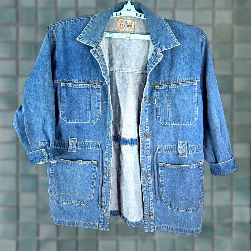 Denime Jean Blue Denim Jacket Womens Size L Blue Pockets Button Up Casual 3/4 Sleeve Size 36" / US 14 / IT 50 - 1 Thumbnail