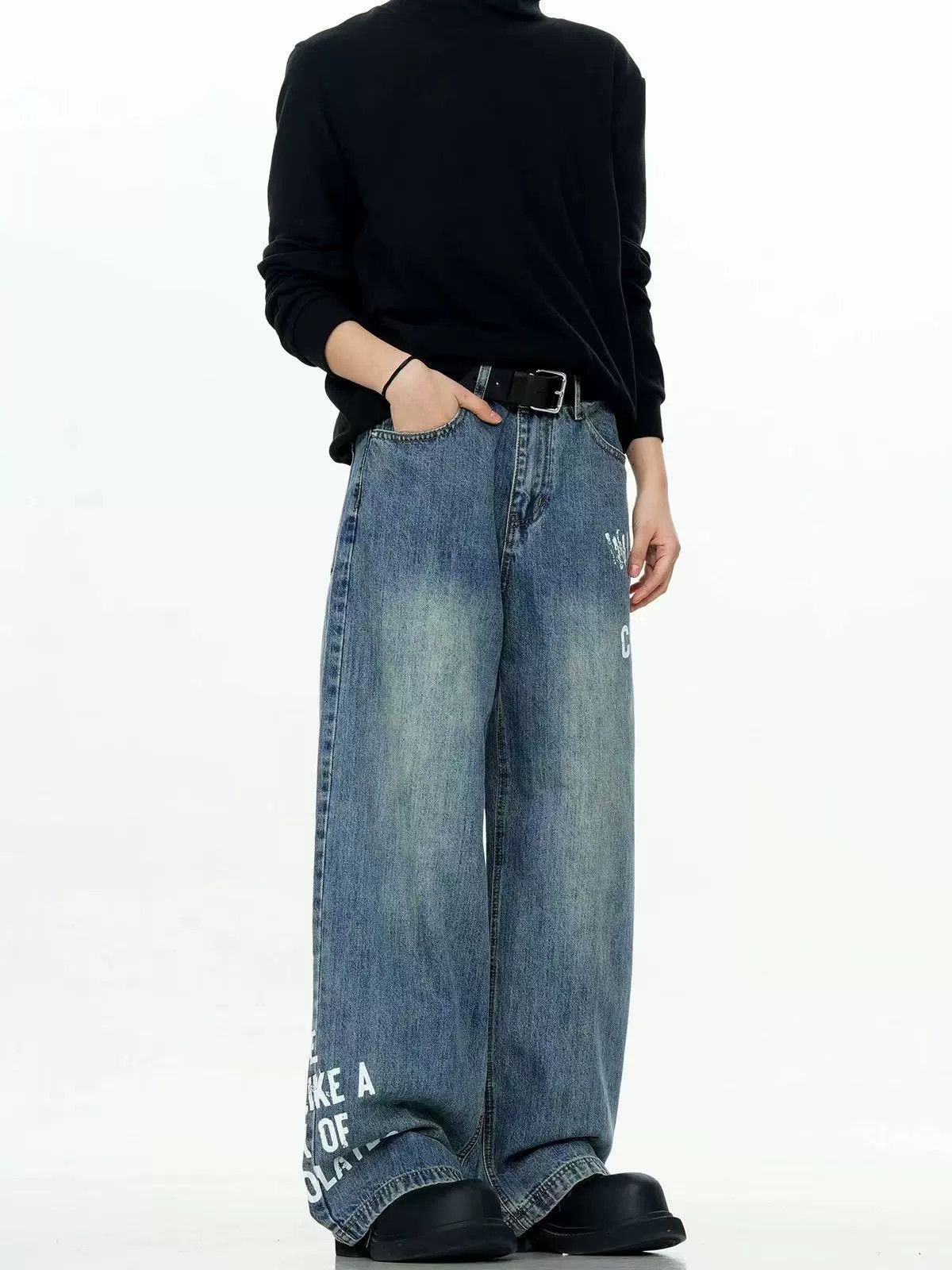 Jean Retro men's loose casual letter print washed jeans Size US 32 / EU 48 - 4 Thumbnail