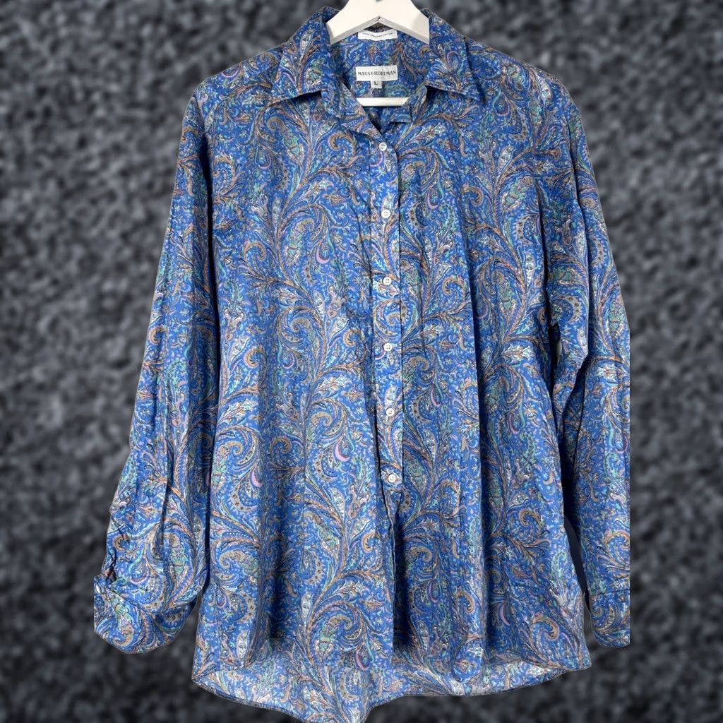 Vintage Maus & Hoffman Shirt Womens Blue Paisley Long Sleeve Large Casual Cotton Button-Up Size L / US 10 / IT 46 - 1 Thumbnail