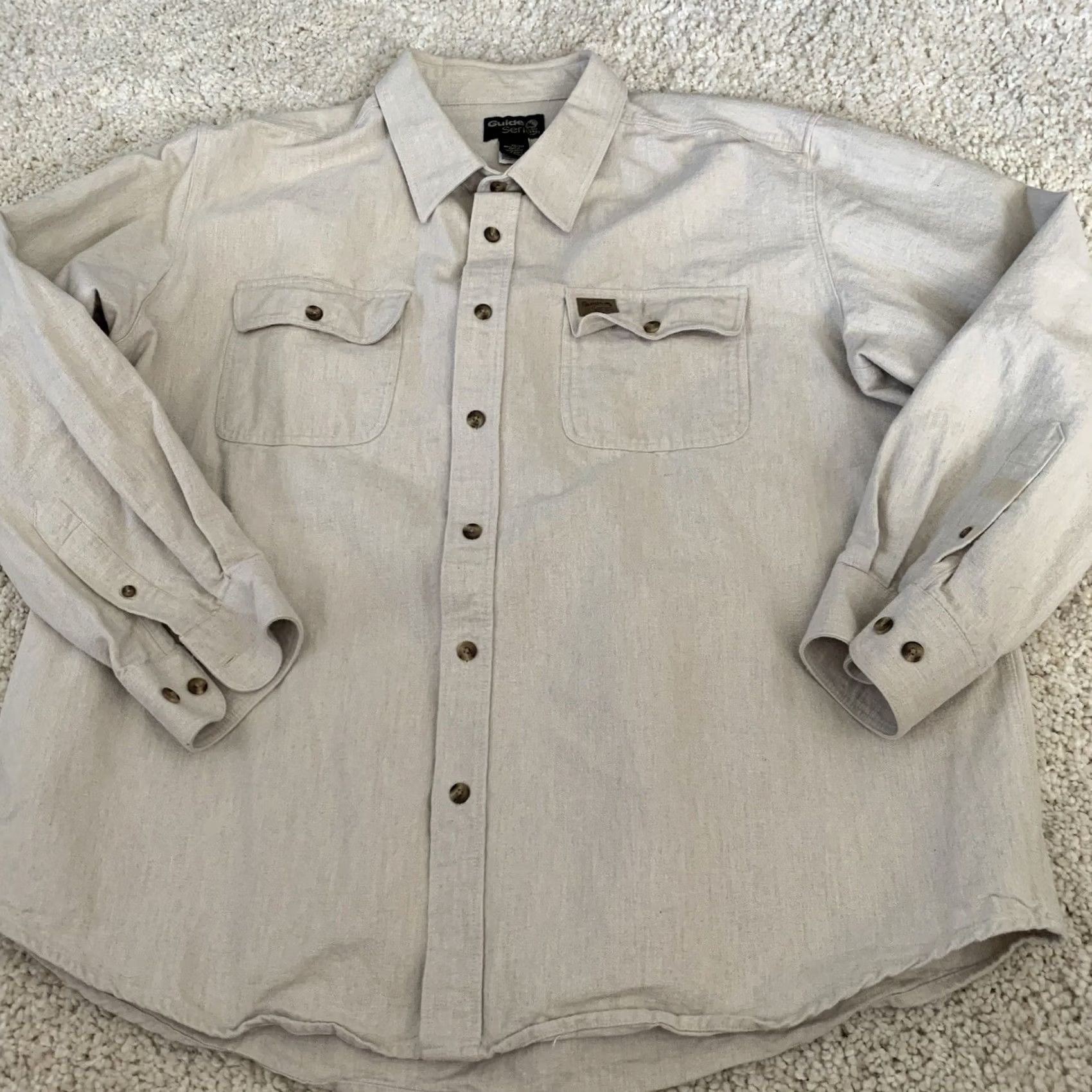 Vintage Guide Series Chamois Shirt Mens XL Long Sleeve Button-Up Beige 100% Cotton Outdoor Casual Pocketed Breathing Easy Care 3-Pocket Shirt Mens XL Beige Size US XL / EU 56 / 4 - 3 Thumbnail