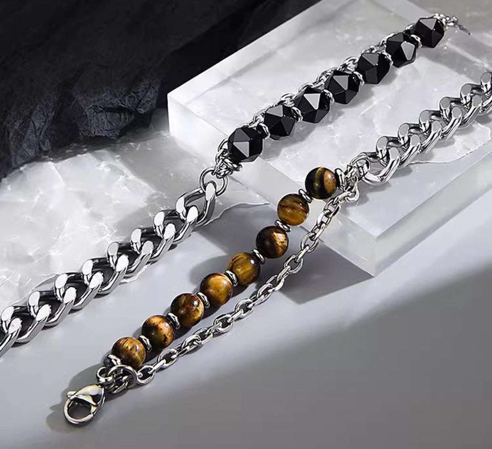 Jewelry Brown Tiger Eye Beaded Chain Bracelet, Chunky Silver Link Size ONE SIZE - 3 Thumbnail