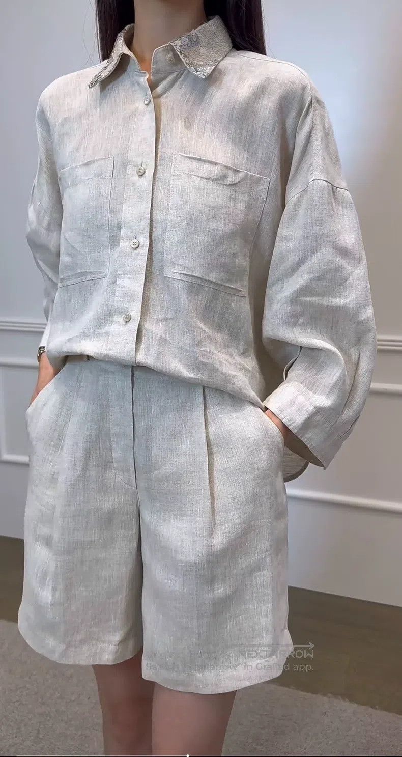 Brunello Cucinelli Brunello Cucinelli Loose linen shirt with sequin collar Size L / US 10 / IT 46 - 6 Thumbnail