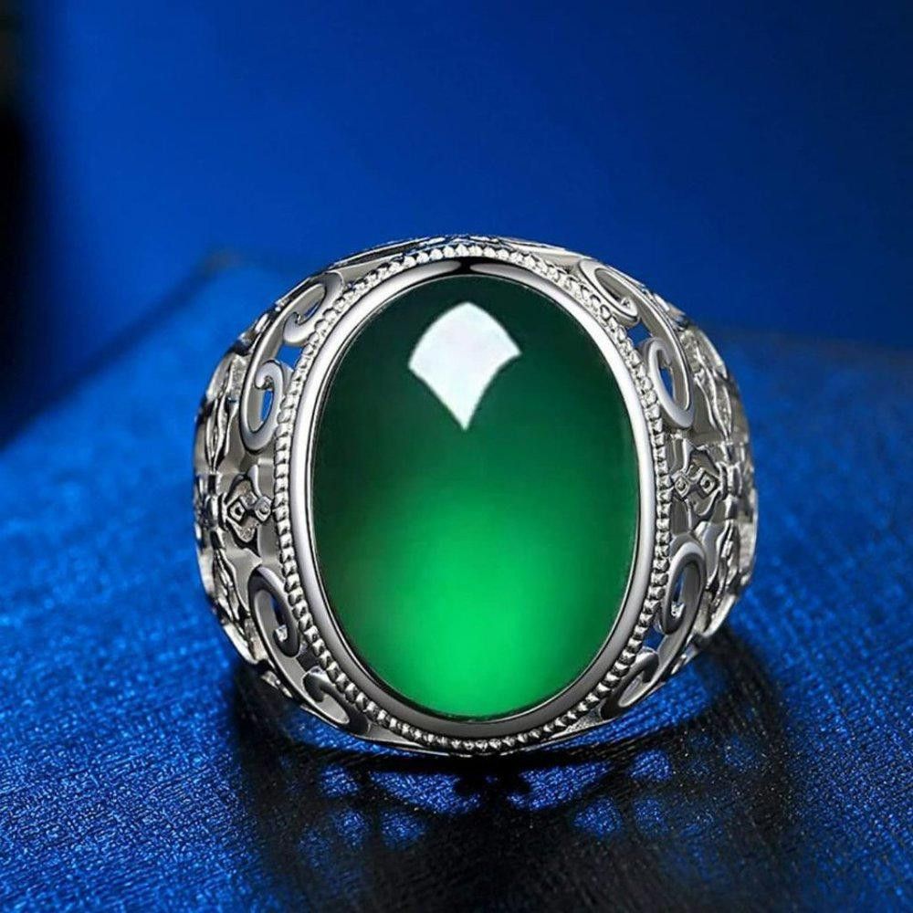 Designer Men's 925 Sterling Silver Green Resin Hollow Open Ring Size ONE SIZE - 2 Thumbnail