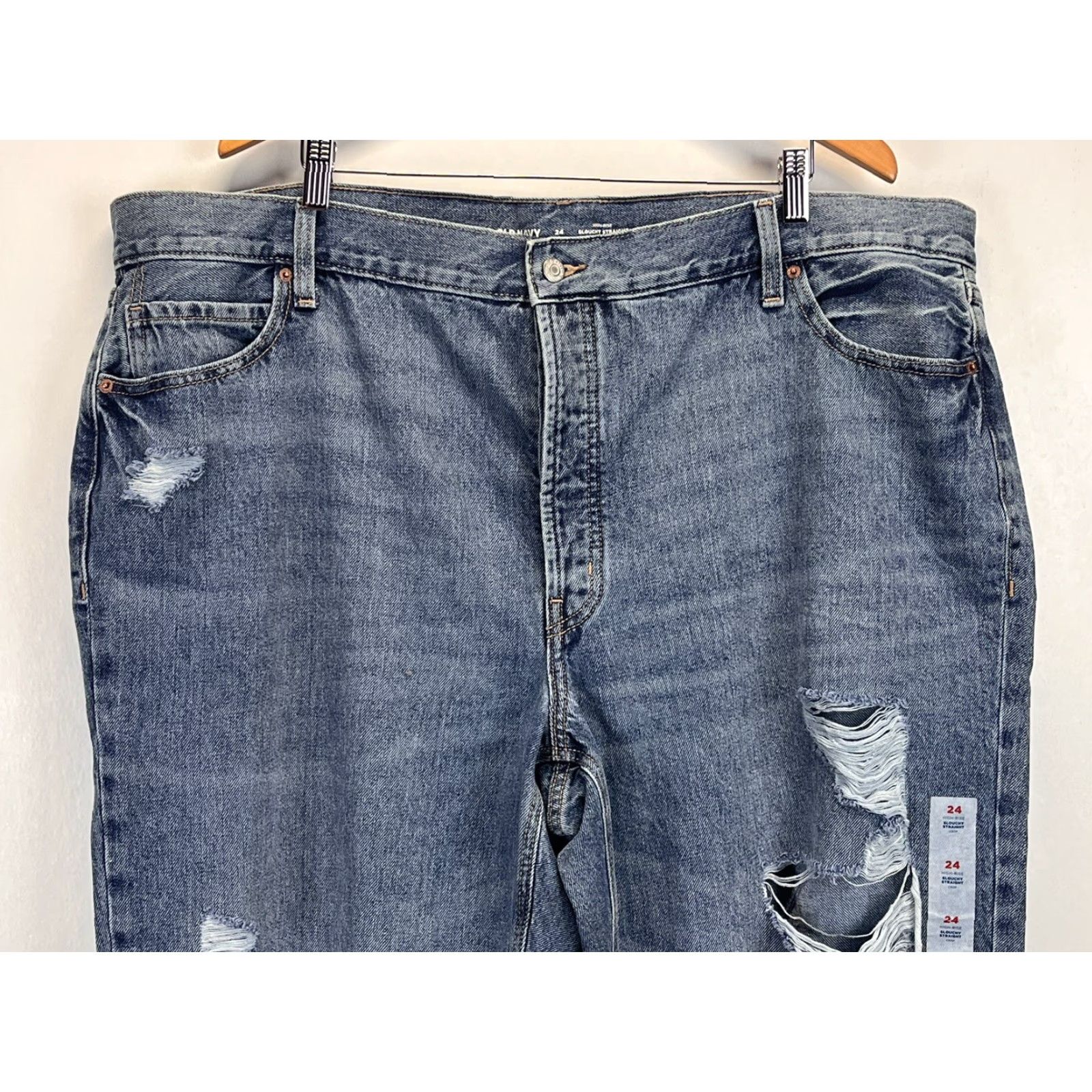 Old Navy Old Navy Women's Plus Size Jeans Sz 24 High Rise Slouchy Straight Crop Distressed NWT Blue Denim 100% Cotton Raw Hem Distressed Size 42" / US 20 - 2 Thumbnail