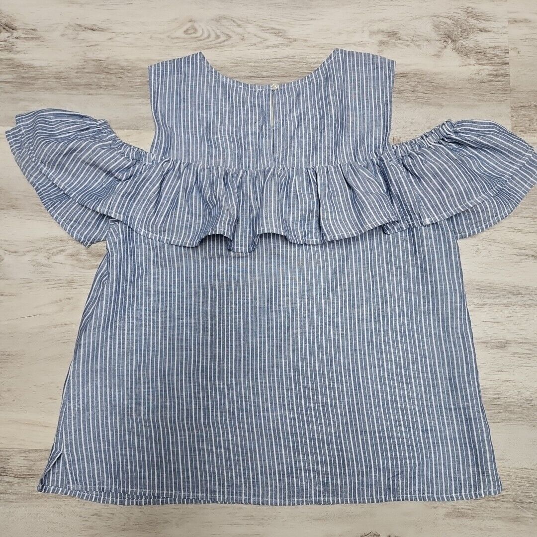 J.Crew J Crew Linen Blend Top Womens 12 Blue Striped Ruffle Collar Size XL / US 12-14 / IT 48-50 - 9 Thumbnail