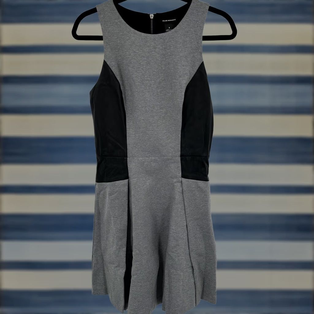 Club Monaco Club Monaco Dress Womens 8 Gray Black Sleeveless Fit Flare Faux Leather Panels Size M / US 6-8 / IT 42-44 - 1 Thumbnail