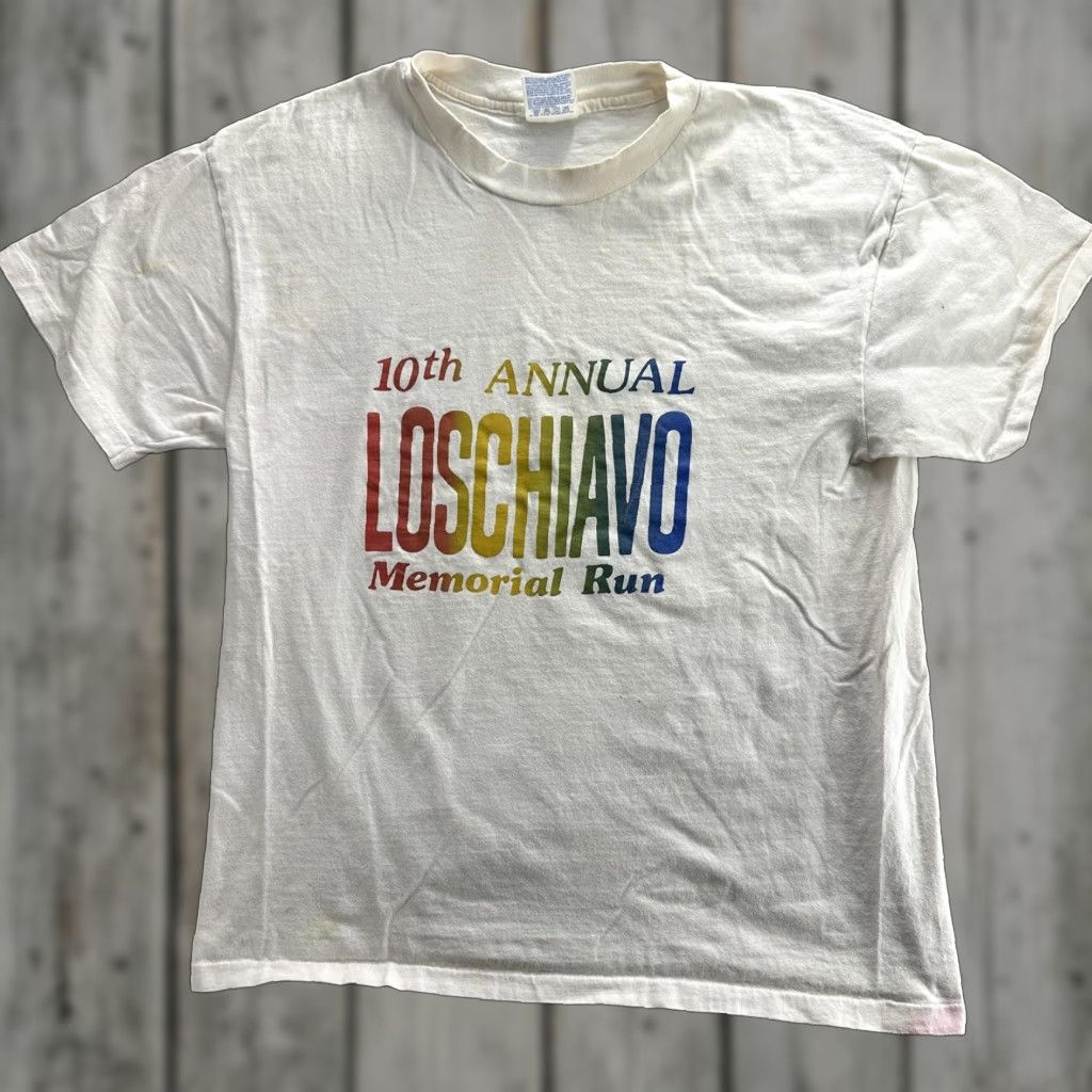 Hanes VINTAGE Hanes Beefy-T Loschiavo Memorial Run Shirt Mens Large White 90s Rainbow Graphic 10th Annual Tee Size US L / EU 52-54 / 3 - 1 Thumbnail