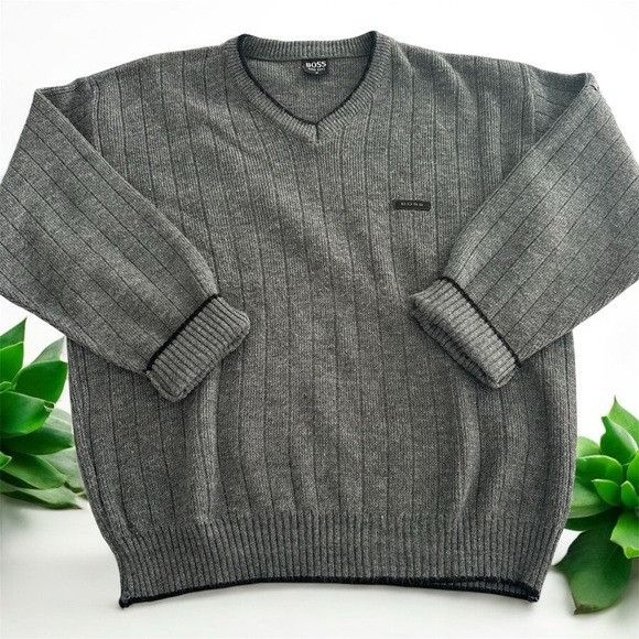 Hugo Boss Vintage Hugo Boss Ribbed Cotton Knit Gray Sweater Size US M / EU 48-50 / 2 - 1 Thumbnail