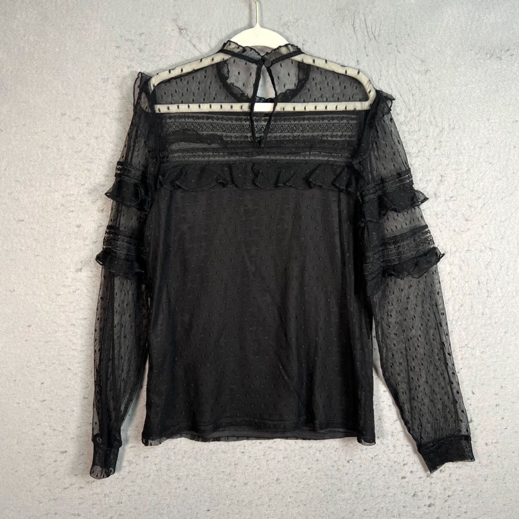 Express Express Womens Blouse XS Sheer Black Ruffle Long Sleeve Pullover Shirt, Mimic Classic, Casual, Nylon/Polyester, Express Size XS / US 0-2 / IT 36-38 - 2 Thumbnail