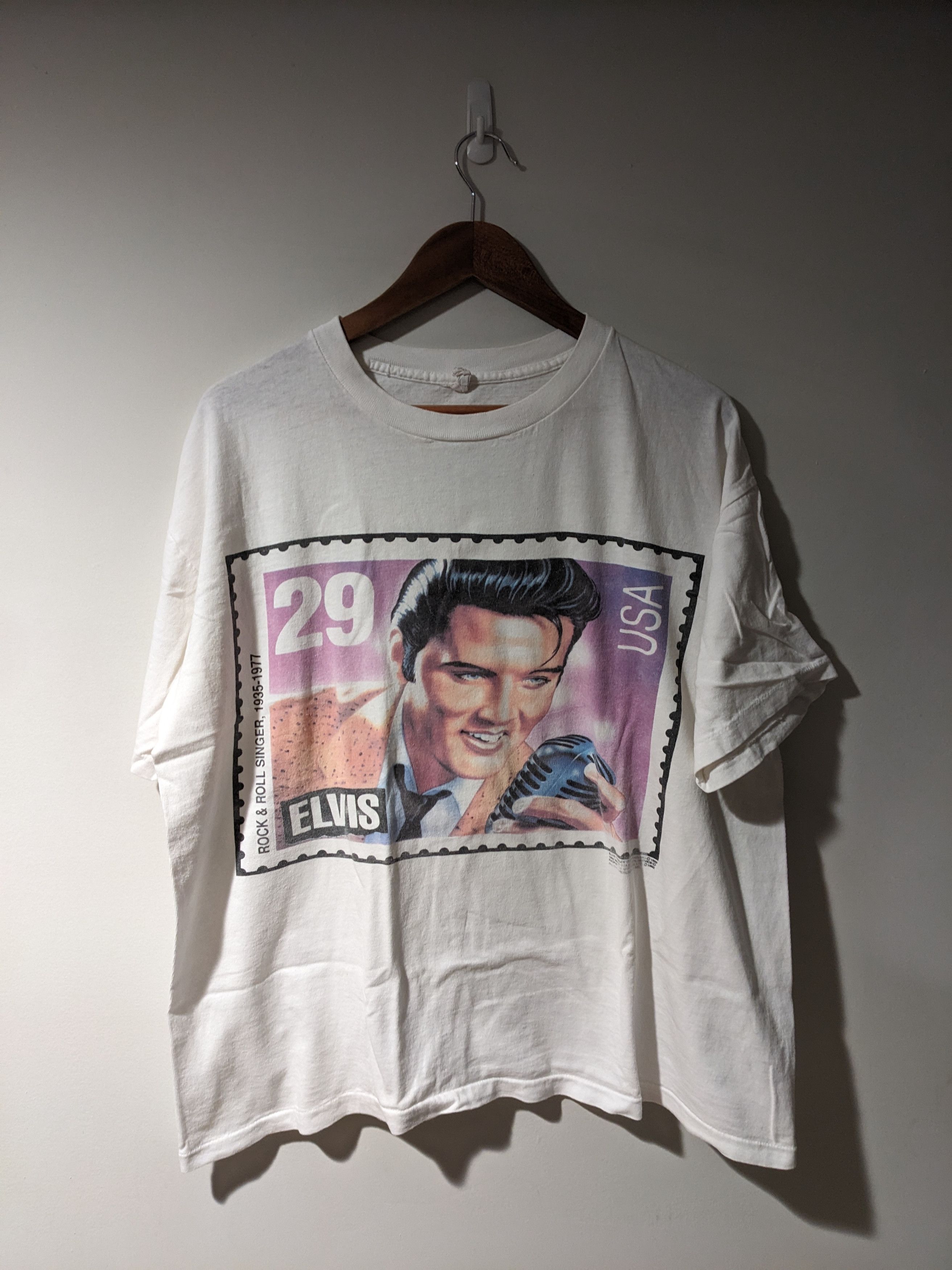 Band Tees × Vintage Vintage 1992 Elvis Presley Rock and Roll Stamp T-Shirt Size US XL / EU 56 / 4 - 1 Thumbnail