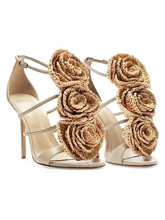 Alexandre Birman os11x0326 Sadie Flower 100mm Leather & Raffia Sandals Creamy Size US 8 / IT 38 - 3 Thumbnail