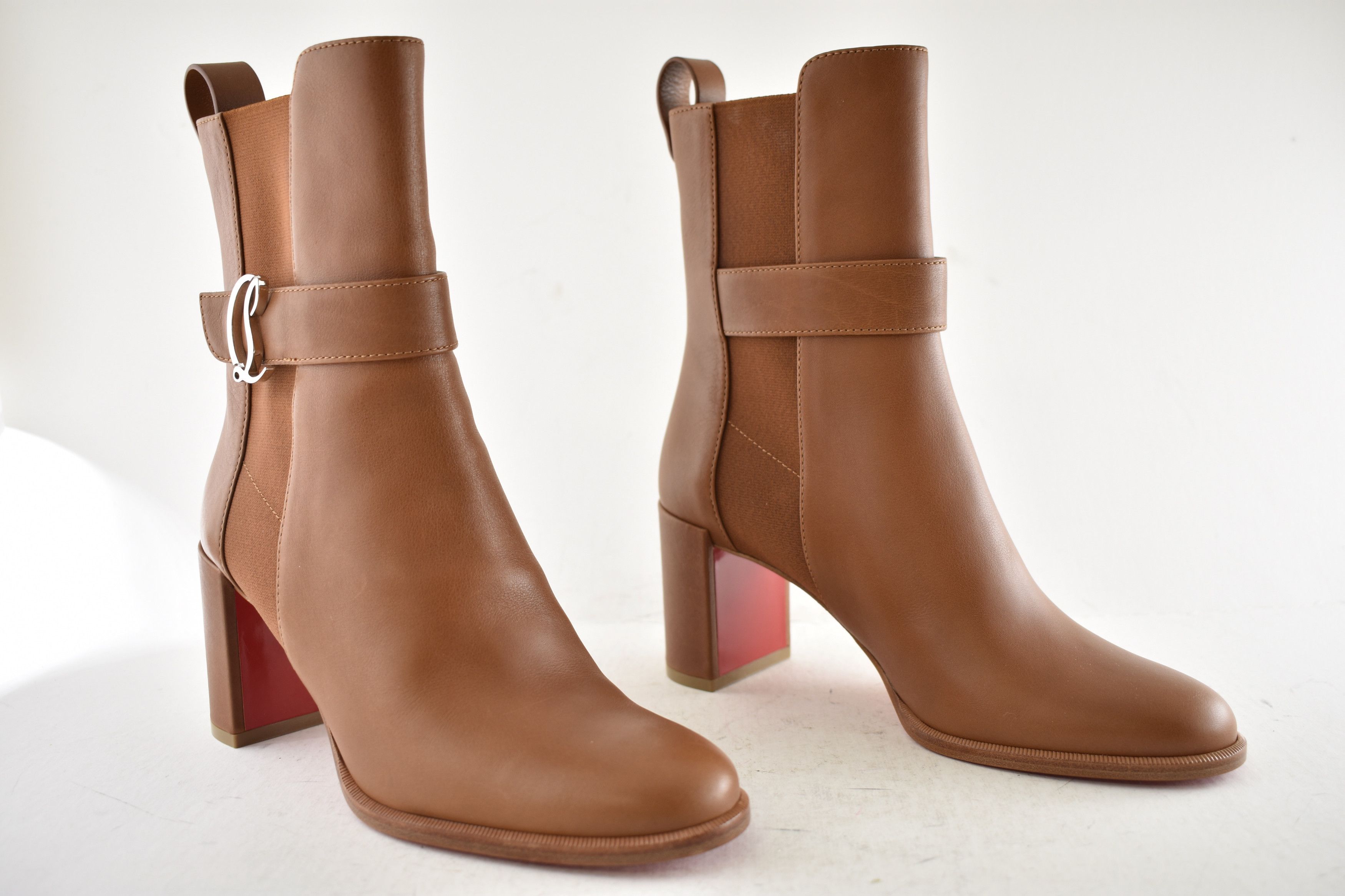 Christian Louboutin CL Chelsea Booty 70 Cuoio Brown Block Heel Ankle Bootie 37 Size US 7 / IT 37 - 3 Thumbnail