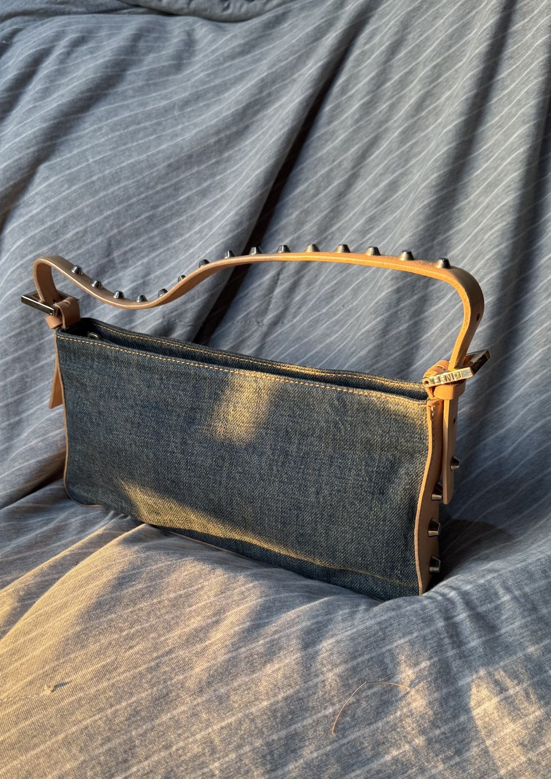 Fendi Blue/beige Denim And Leather Baguette Bag in White, Men's