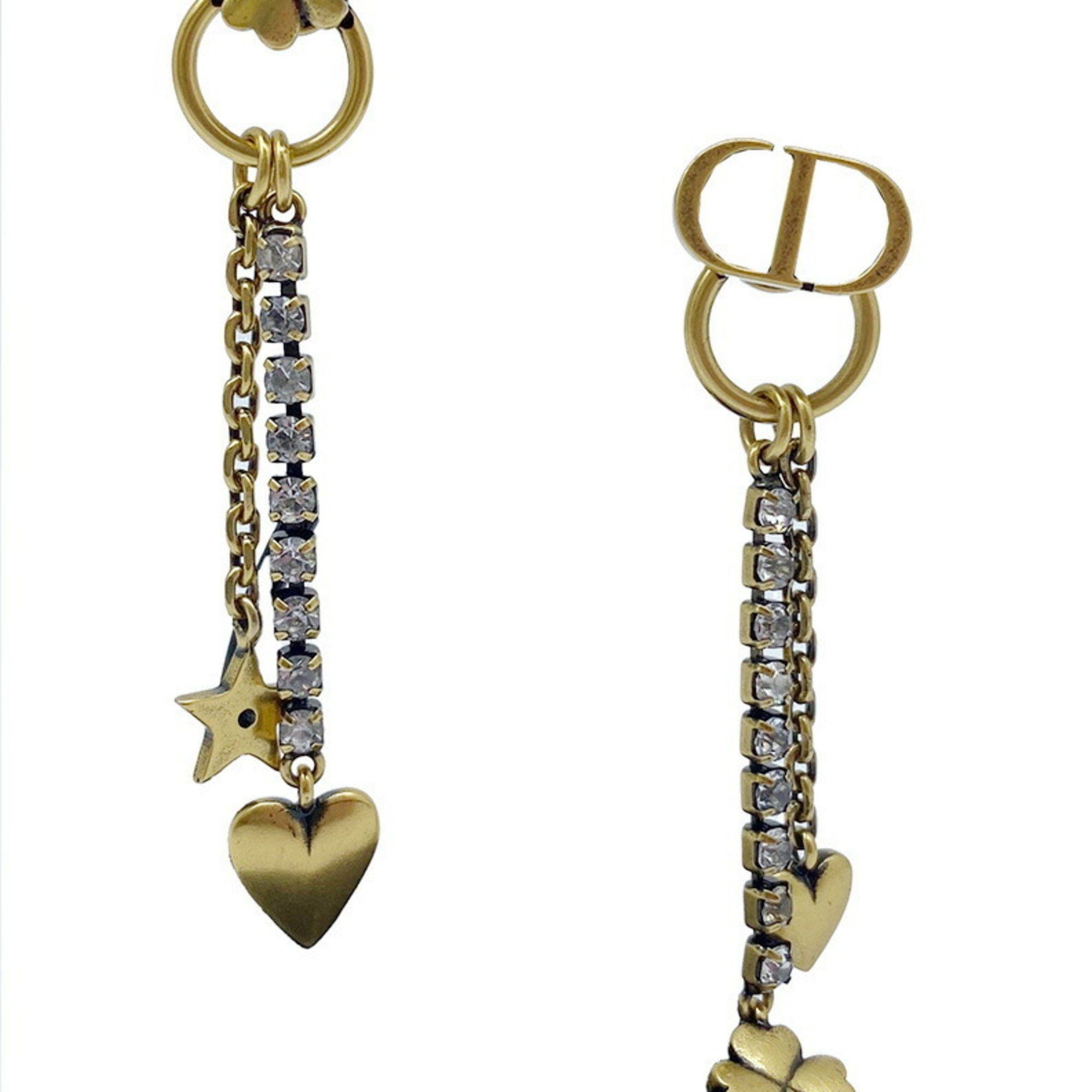 image of Christian Dior Dior Cd Stud Earrings Rhinestone Heart Clover Plated Gp Ear Accessories Women's in G