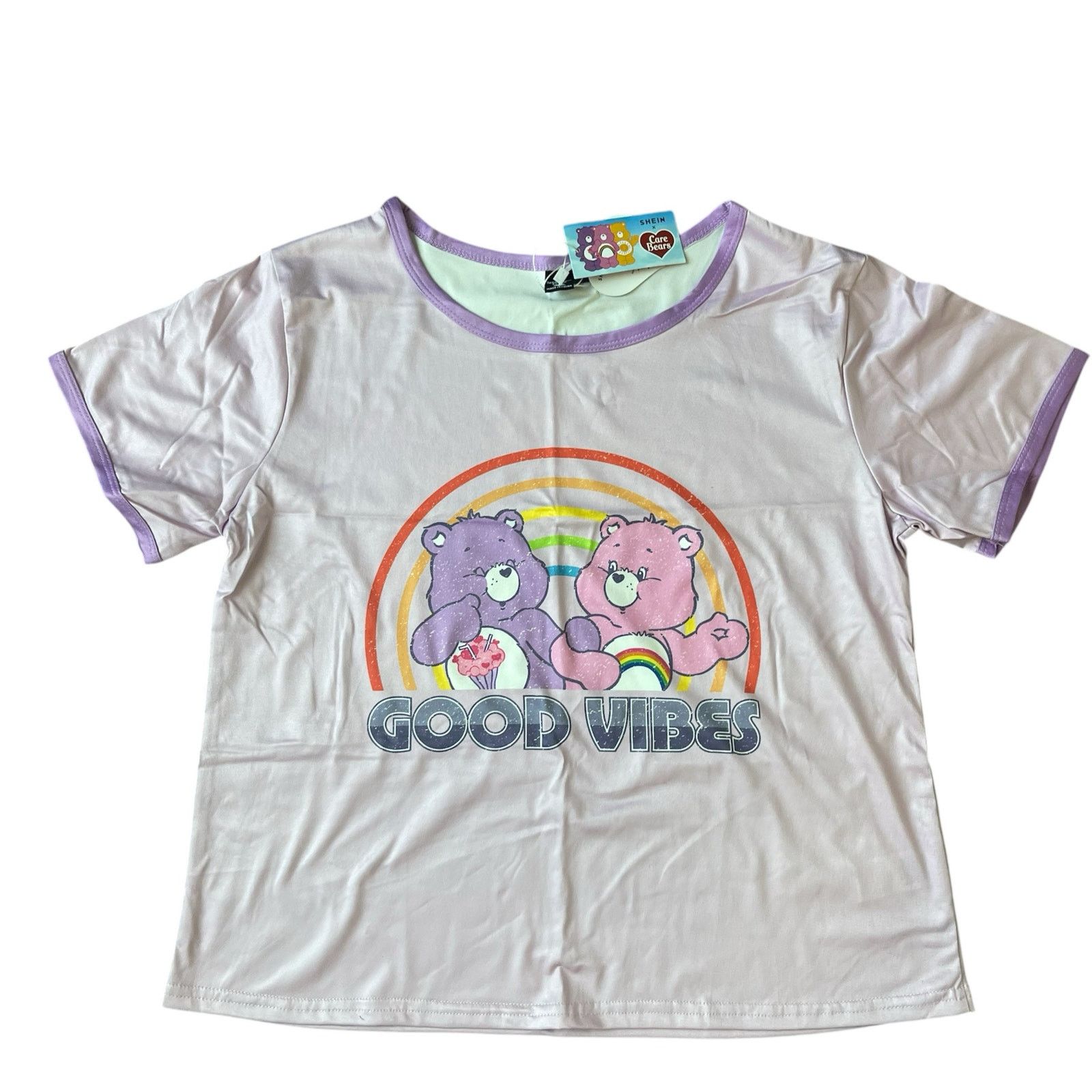 Shein Care Bear Purple Good Vibes Rainbow Short Sleeve Silky Shirt Size S / US 4 / IT 40 - 1 Thumbnail