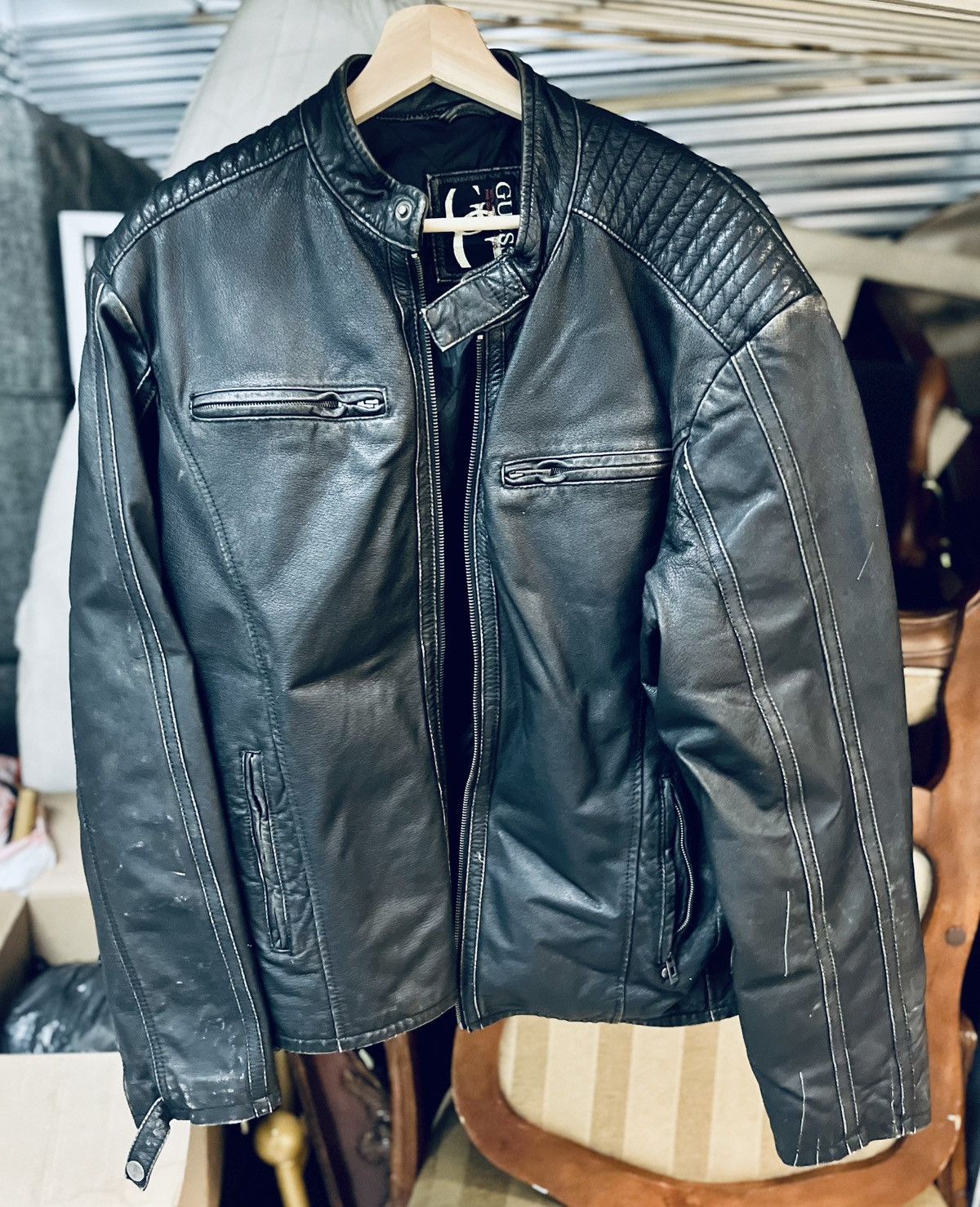 Guess Black 100% Genuine Leather Distressed Bomber Jacket Large Size US L / EU 52-54 / 3 - 1 Thumbnail