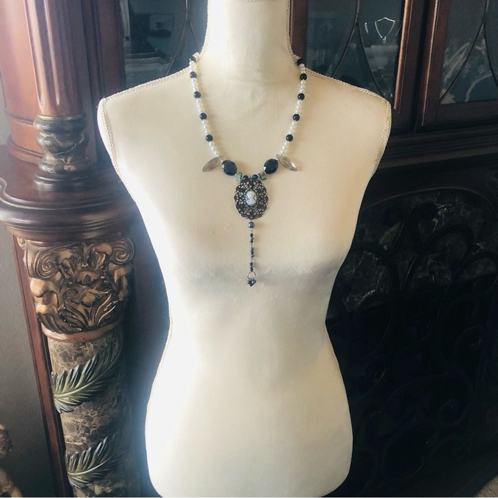 Handmade Handcrafted filigree cameo black agate pearl necklace Size ONE SIZE - 4 Thumbnail