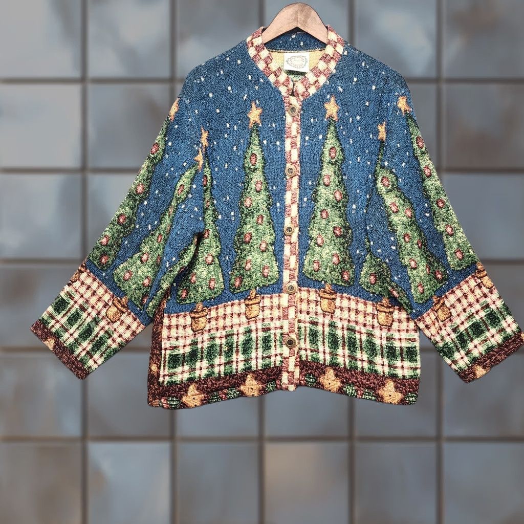 Sugar VINTAGE Sugar Street Weavers Tapestry Cardigan Santa Tree Pockets Womens One Size Blue 100% Cotton 90s Christmas KnIT Sweater Size ONE SIZE - 1 Thumbnail