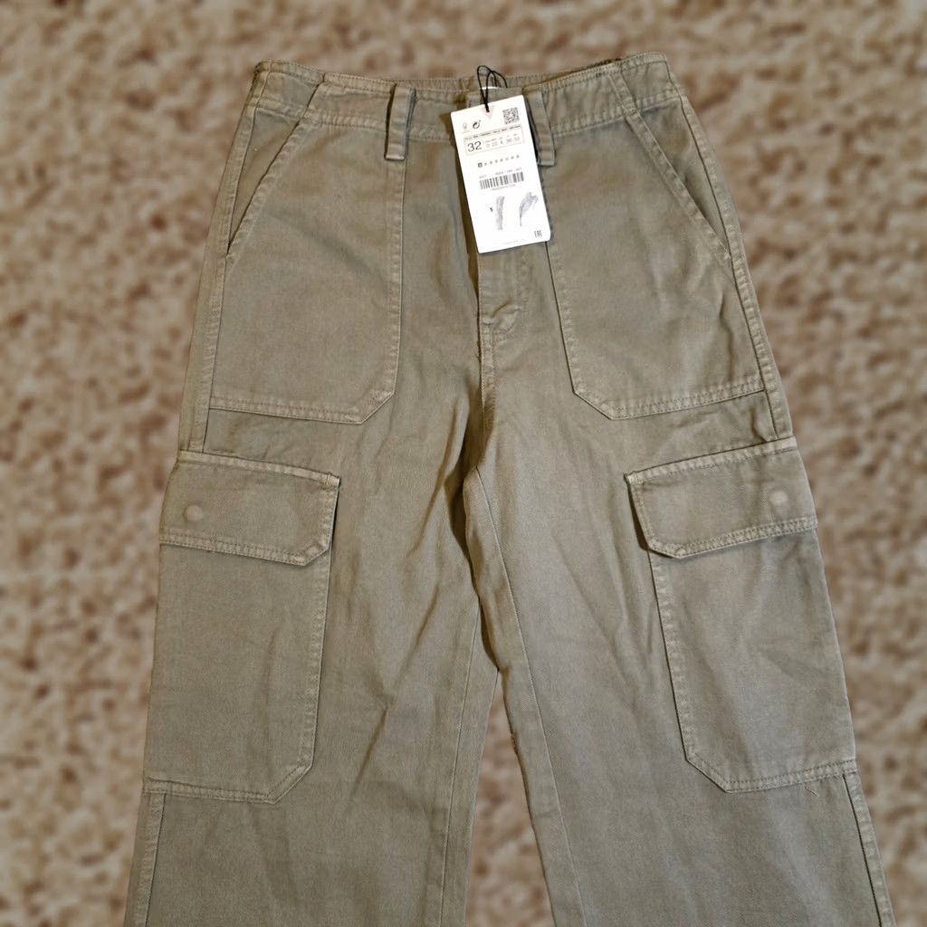 Zara Zara Pants Womens Size 0 Green Cargo Wide Leg Army Denim Casual Minimalist Basic Size 25" / US 0 / IT 36 - 1 Thumbnail