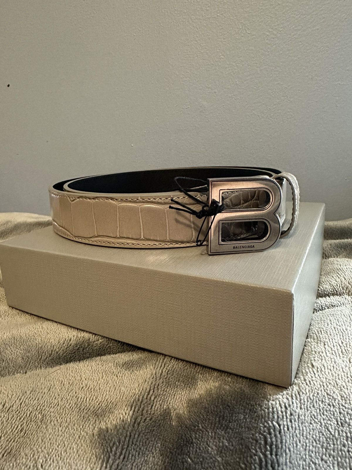 image of Balenciaga Fossil Grey Embossed Croc Belt, Men's (Size 32)