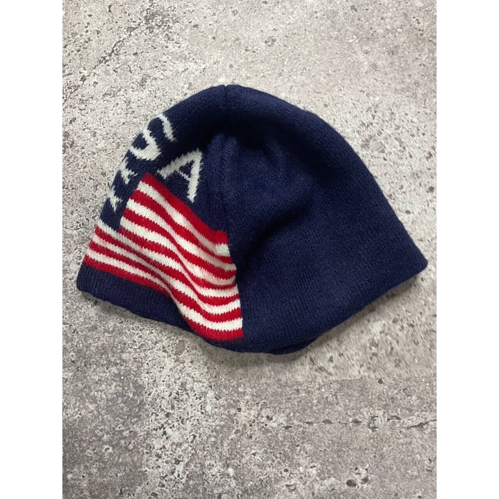 Vintage Vintage Lucky 7 USA American Flag Knit Beanie Hat Navy Red Size ONE SIZE - 4 Thumbnail