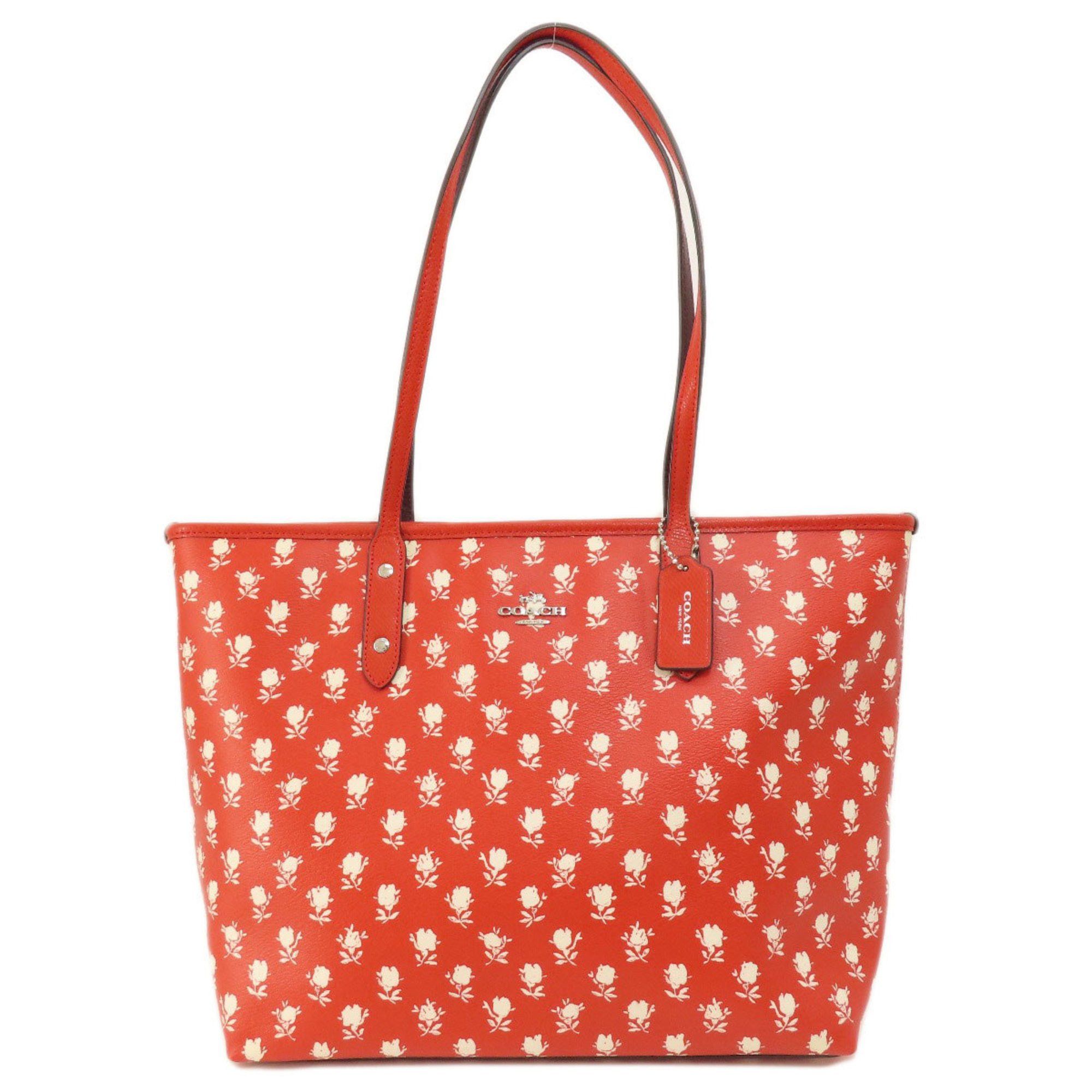 image of Coach F38161 Flower Pattern Metal Fittings Tote Bag Leather Women's Coach in Red Color