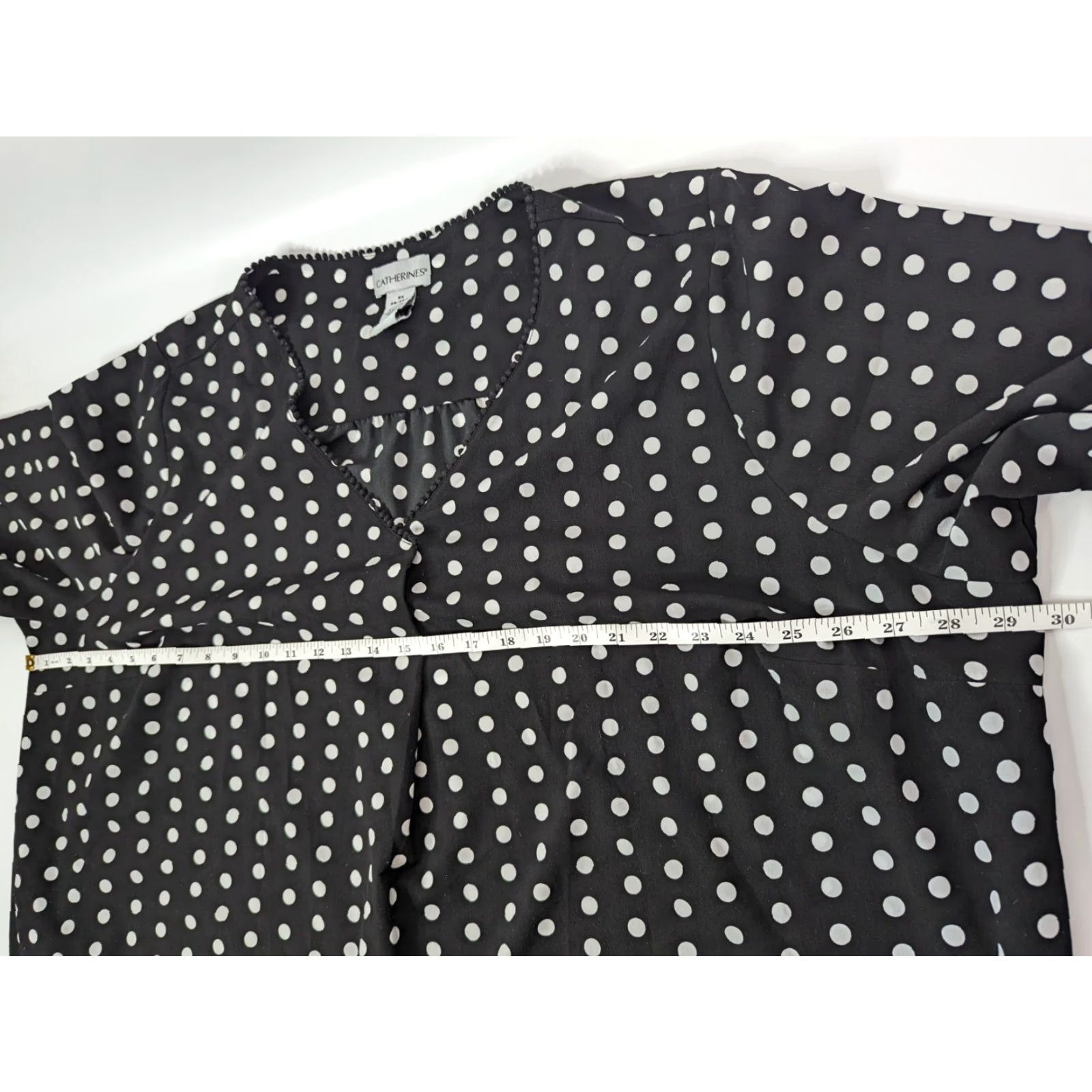 Vintage Catherines Blouse Womens Black White Polka Dots 3X Polyester Tie Sleeve V-Neck Pullover 3/4 Sleeve Plus Size XXL / US 16-18 / IT 52-54 - 6 Thumbnail