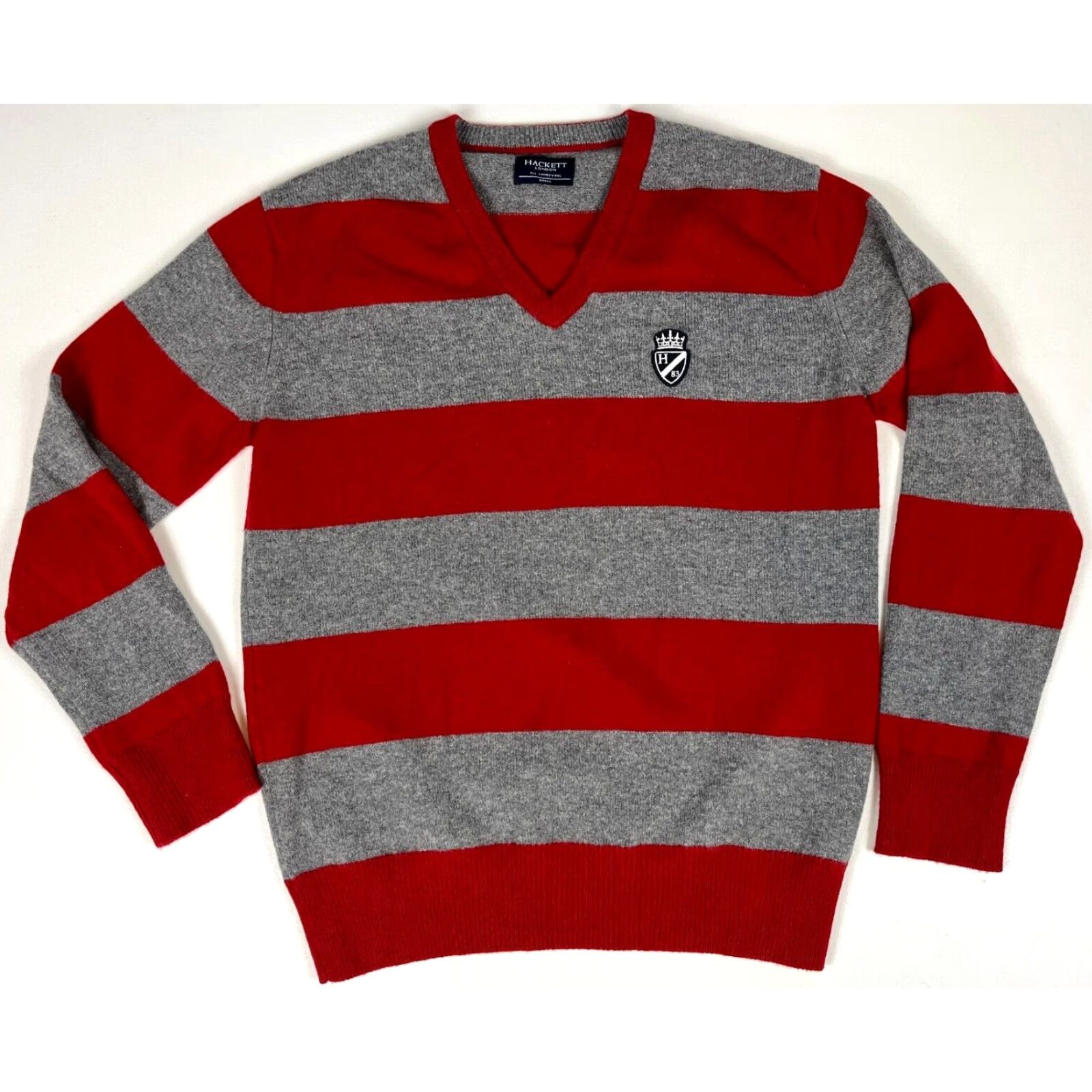 Hackett Hackett London Men's Pullover V-Neck Sweater Sz S Striped 100% Lambswool Gray Red Knit Wool Shirt Sweater Mens Size US S / EU 44-46 / 1 - 2 Thumbnail
