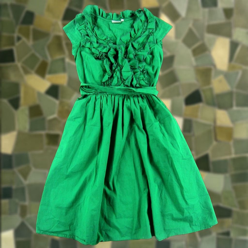 Vintage eShakti Dress Green 100% Cotton Ruffle Neck Pocket Cap Sleeve Tie Sheath M/8 Size M / US 6-8 / IT 42-44 - 1 Thumbnail