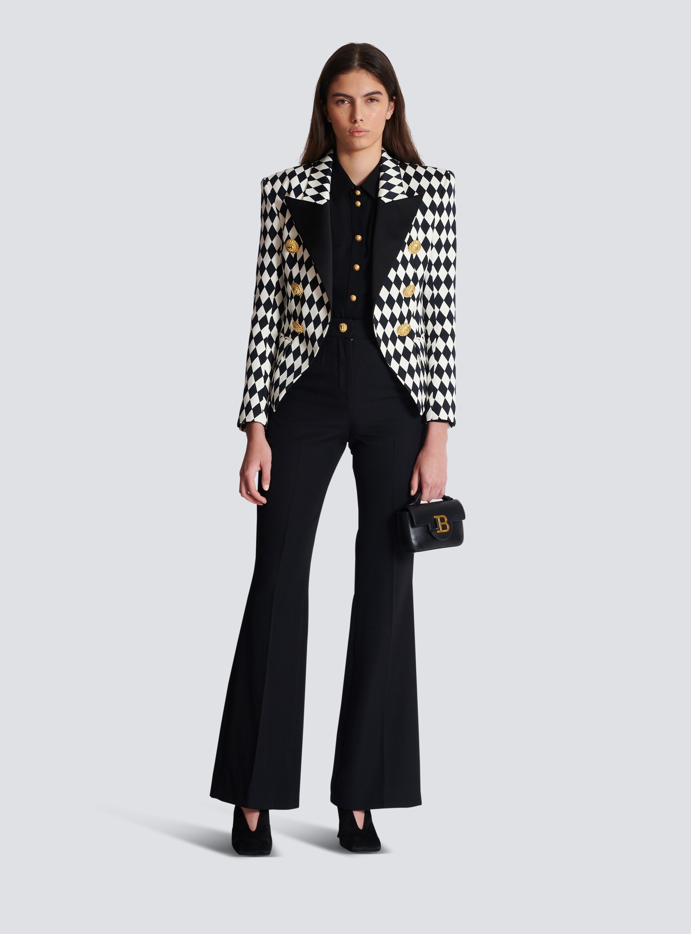 Balmain o1s1wg110825 Cotton Diamond Print Blazer in Black/White Size L / US 10 / IT 46 - 5 Thumbnail