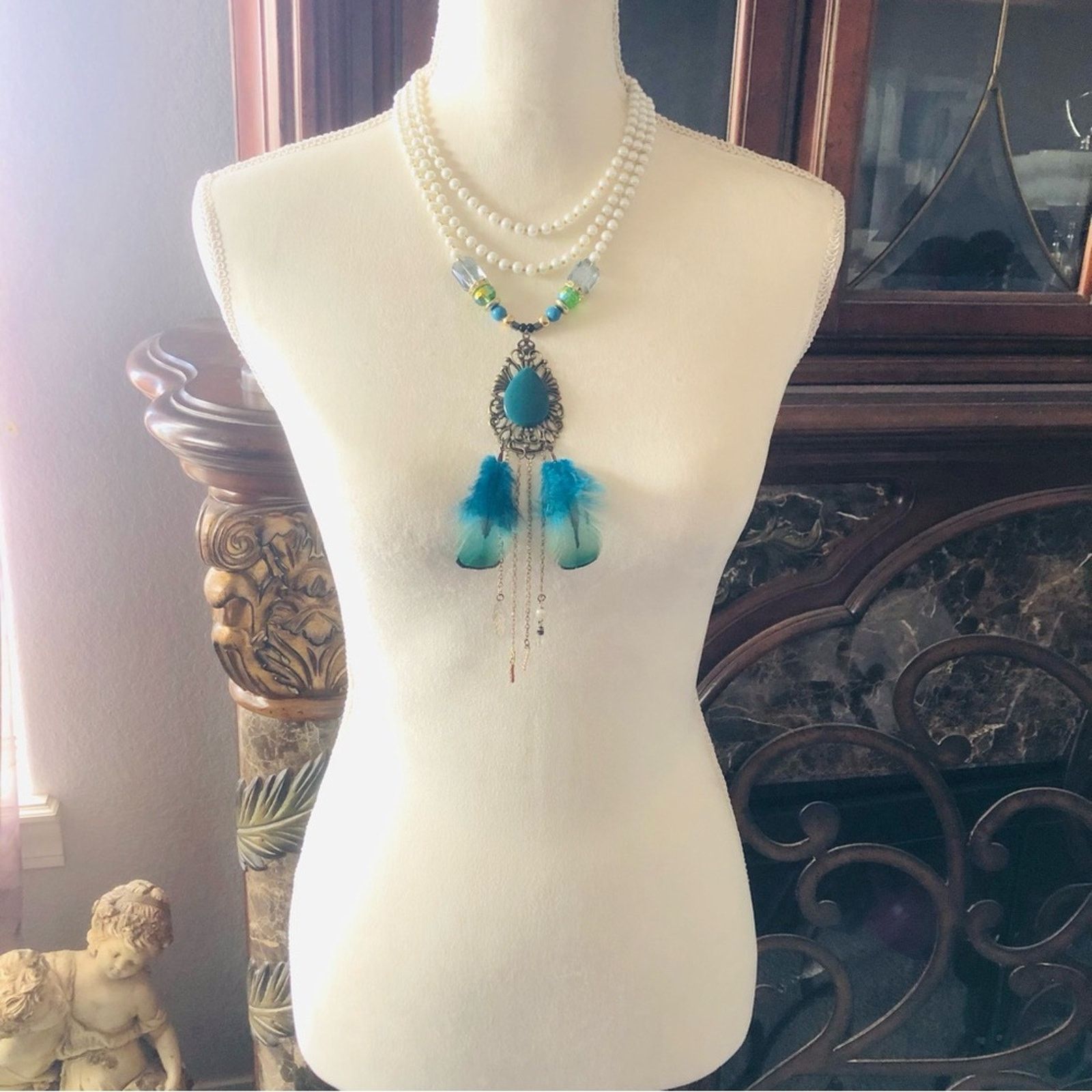 Handmade Handcrafted filigree teardrop Pearl genuine emerald neckla Size ONE SIZE - 4 Thumbnail