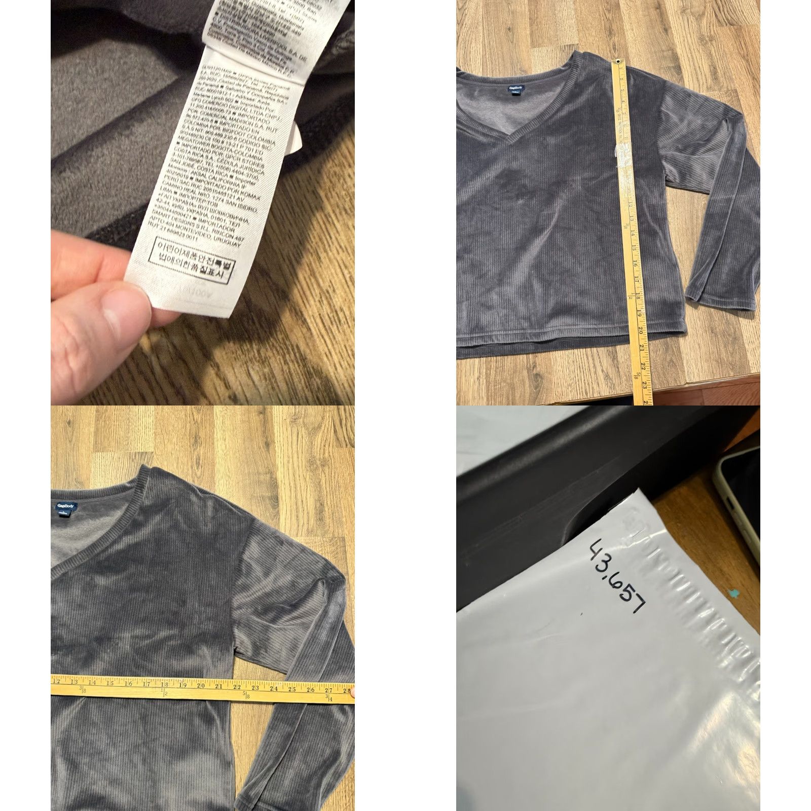 Gap GapBody Shirts Women L Gray Velvet Long Sleeve V-Neck Stretch Casual Basic Modern Womens Size L / US 10 / IT 46 - 9 Thumbnail