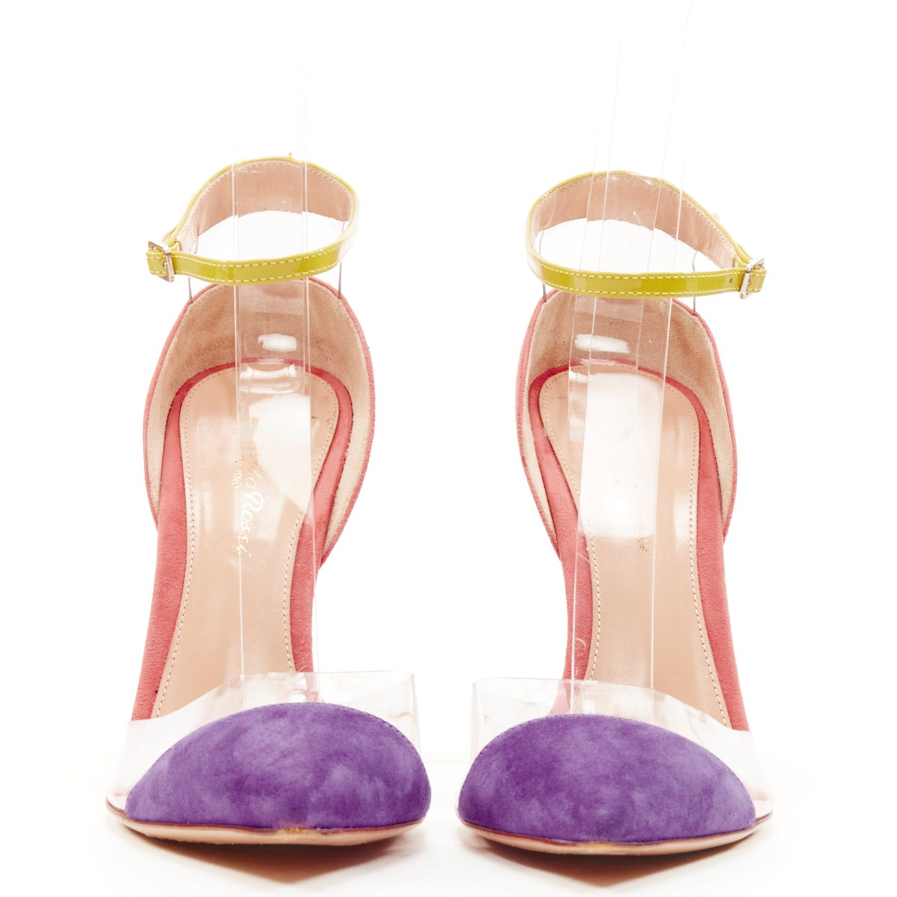 Gianvito Rossi GIANVITO ROSSi Plexi purple pink suede yellow ankle strap PVC pump EU38 Size US 8 / IT 38 - 1 Thumbnail