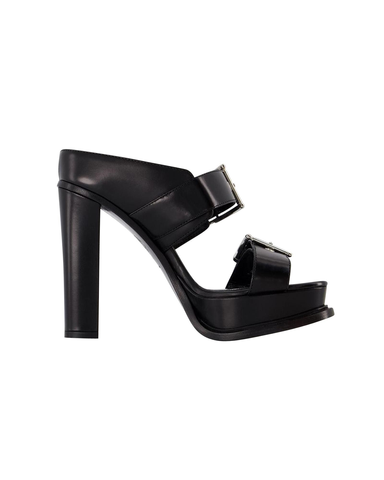 image of Alexander Mcqueen Smooth Leather Slip-On Sandals With Silver Detail - 10Cm Heel Shoes in Black, Wom