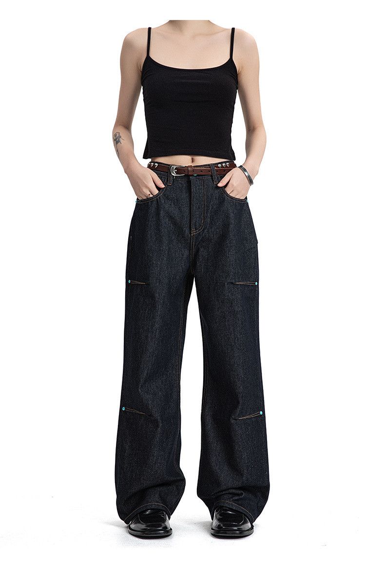 Vintage Retro versatile dark blue straight flared wide-leg jeans Size US 32 / EU 48 - 3 Thumbnail