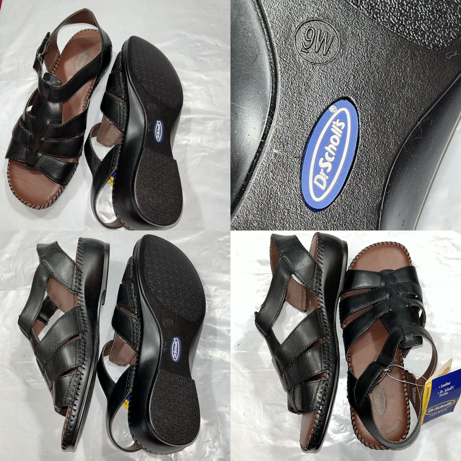 Vintage Dr. Scholl's Black Fisherman Leather Strap Open Toe Sandals W Women's 9 Wide Straps Flat Comfort Size US 9 / IT 39 - 8 Thumbnail