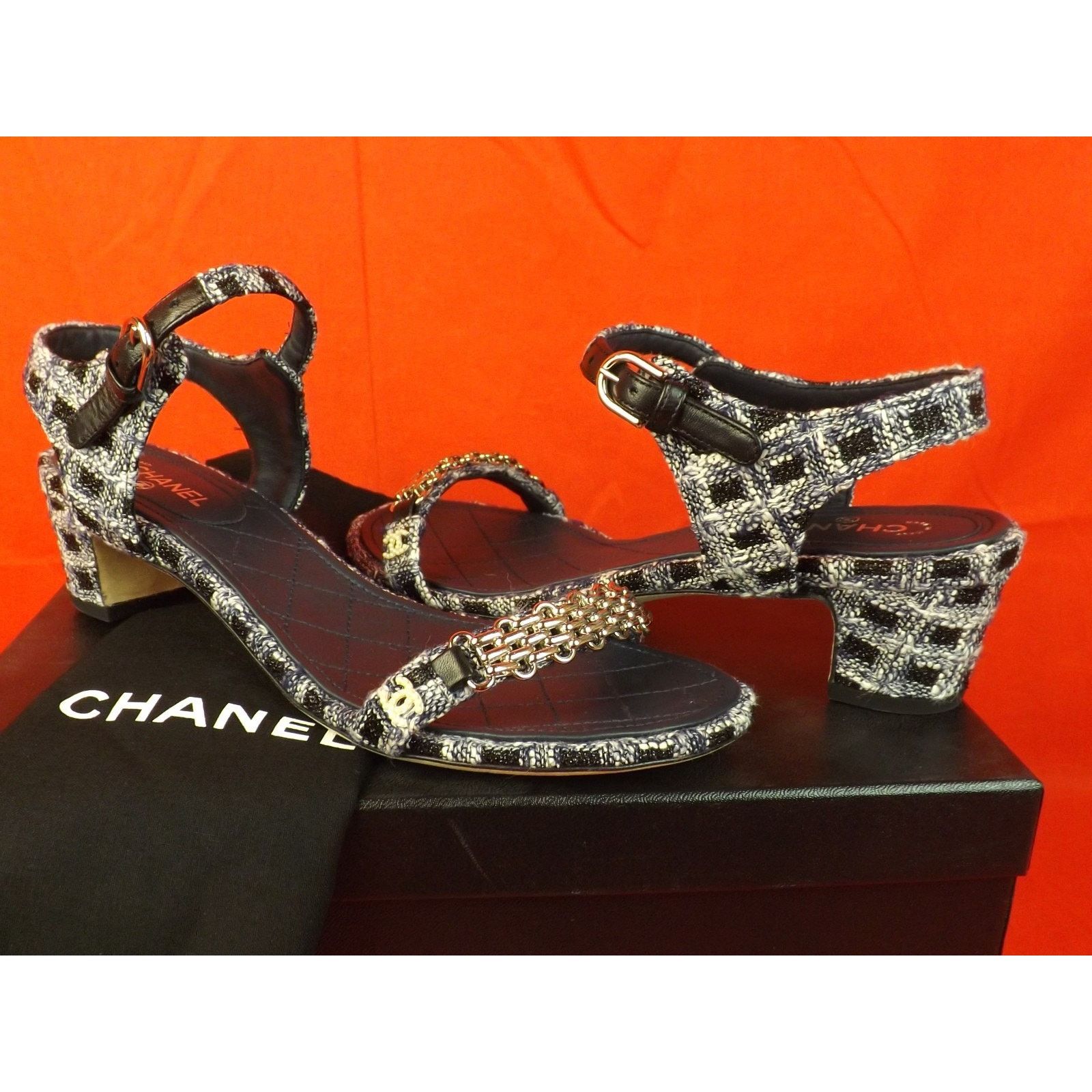 Chanel CHANEL BLUE TWEED GOLD CHAIN CC PEARLS SANDALS PUMPS 38.5 Size US 8.5 / IT 38.5 - 5 Thumbnail