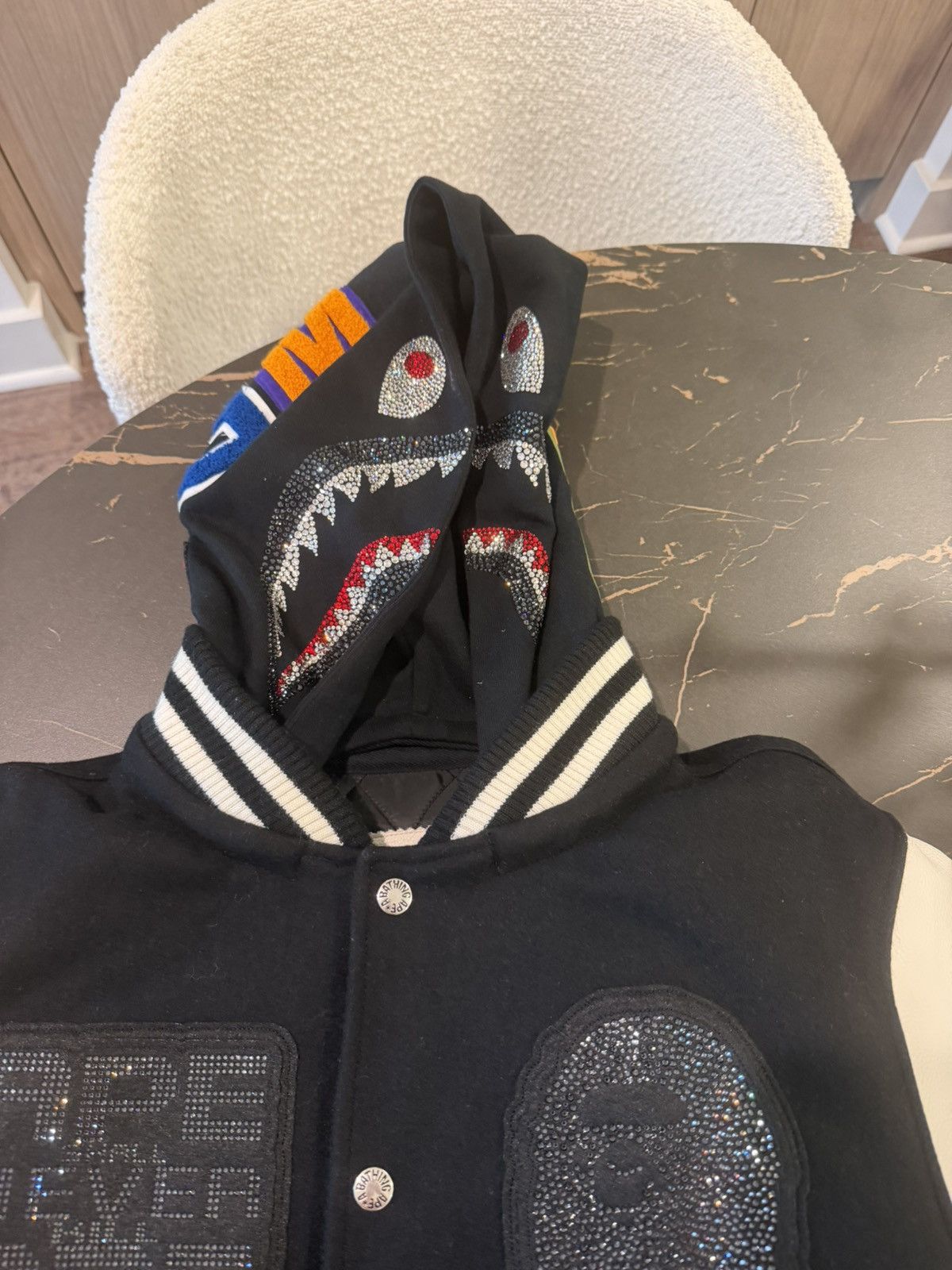 Bape × Swarovski BAPE x Swarovski Shark Hooded Varsity Jacket Size US L / EU 52-54 / 3 - 3 Thumbnail