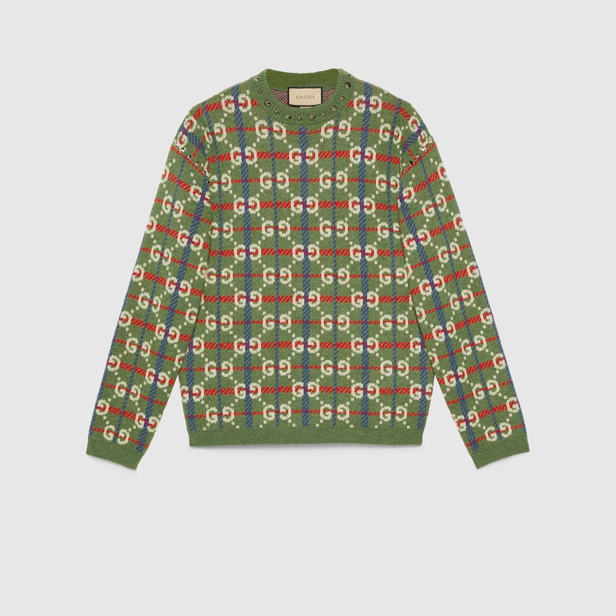 Gucci S - Gucci GG Check Knit Wool Sweater Neck Studs Green Size US S / EU 44-46 / 1 - 1 Thumbnail