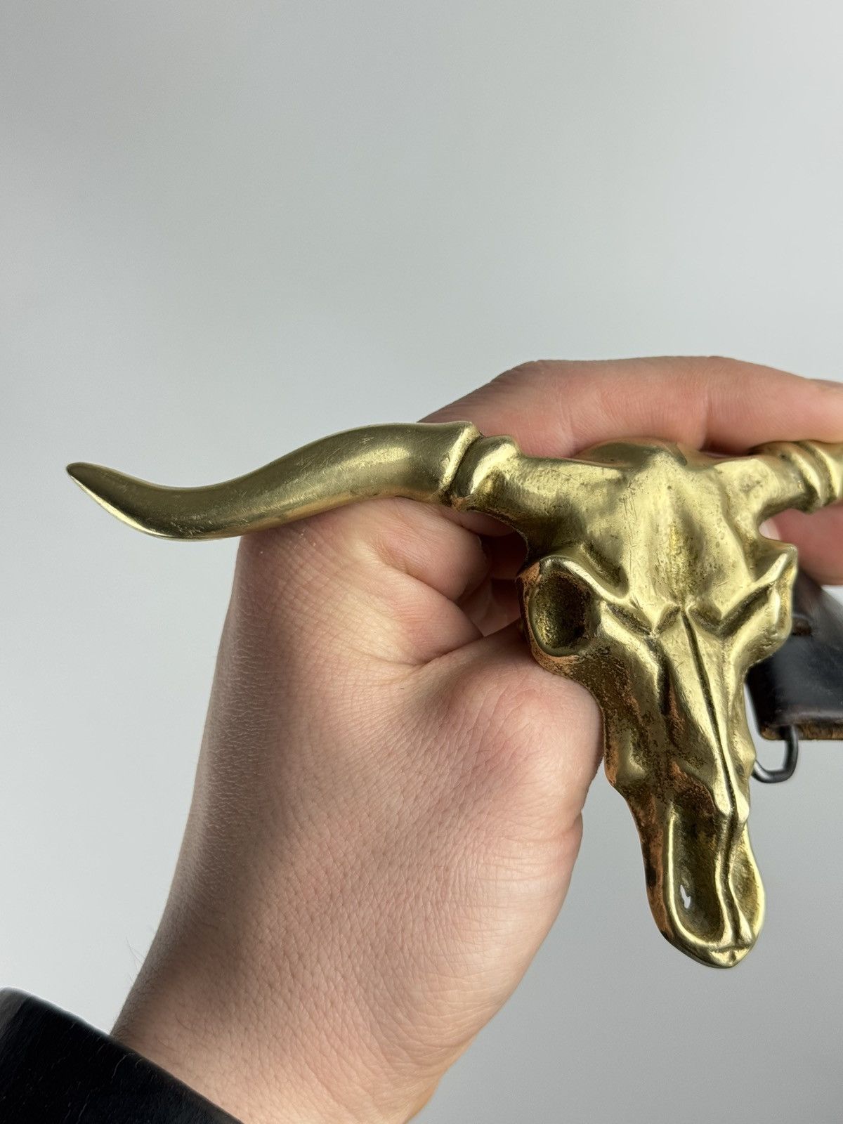 Vintage Leather Belt with Brass Longhorn Skull Buckle – Western Size ONE SIZE - 2 Thumbnail