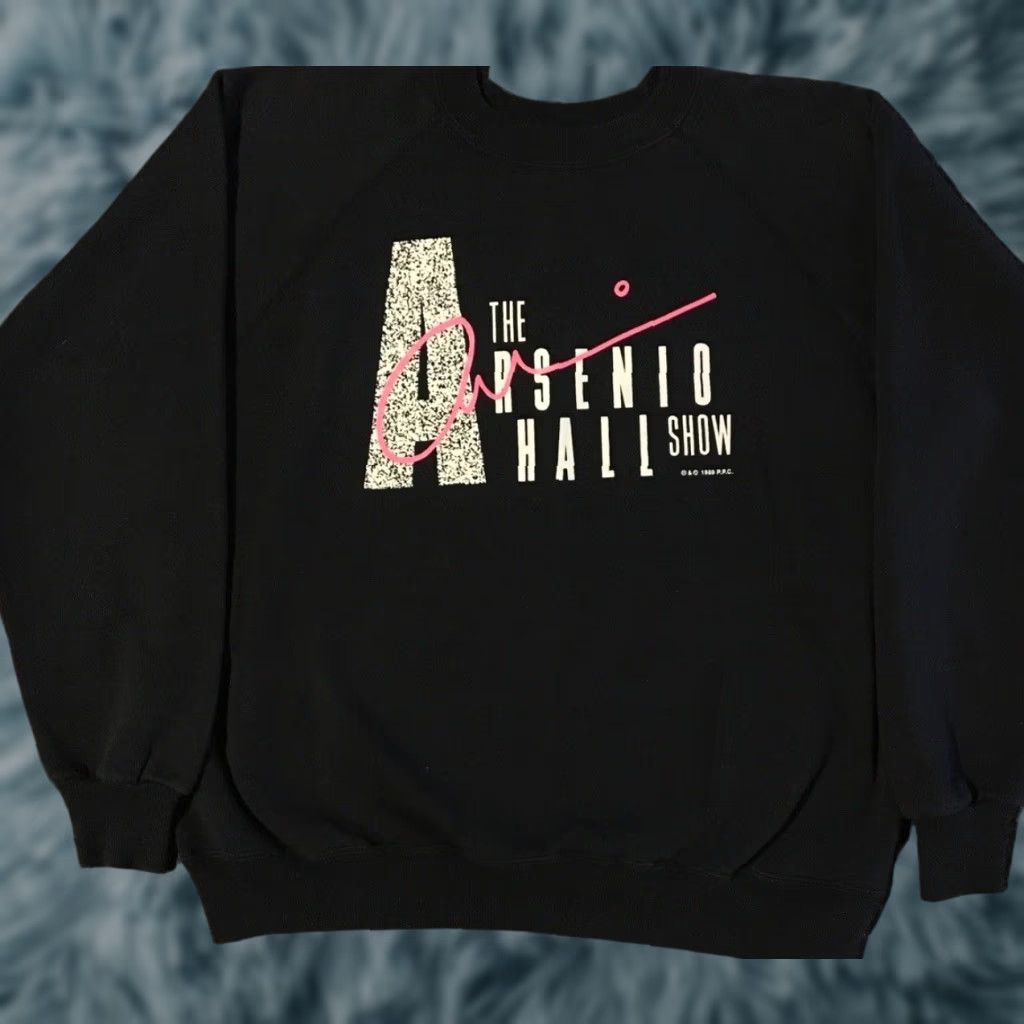VINTAGE The Arsenio Hall Show Hoodie M Black 80s 90s TV Promo Grunge Abstract All Over Print Men Size M