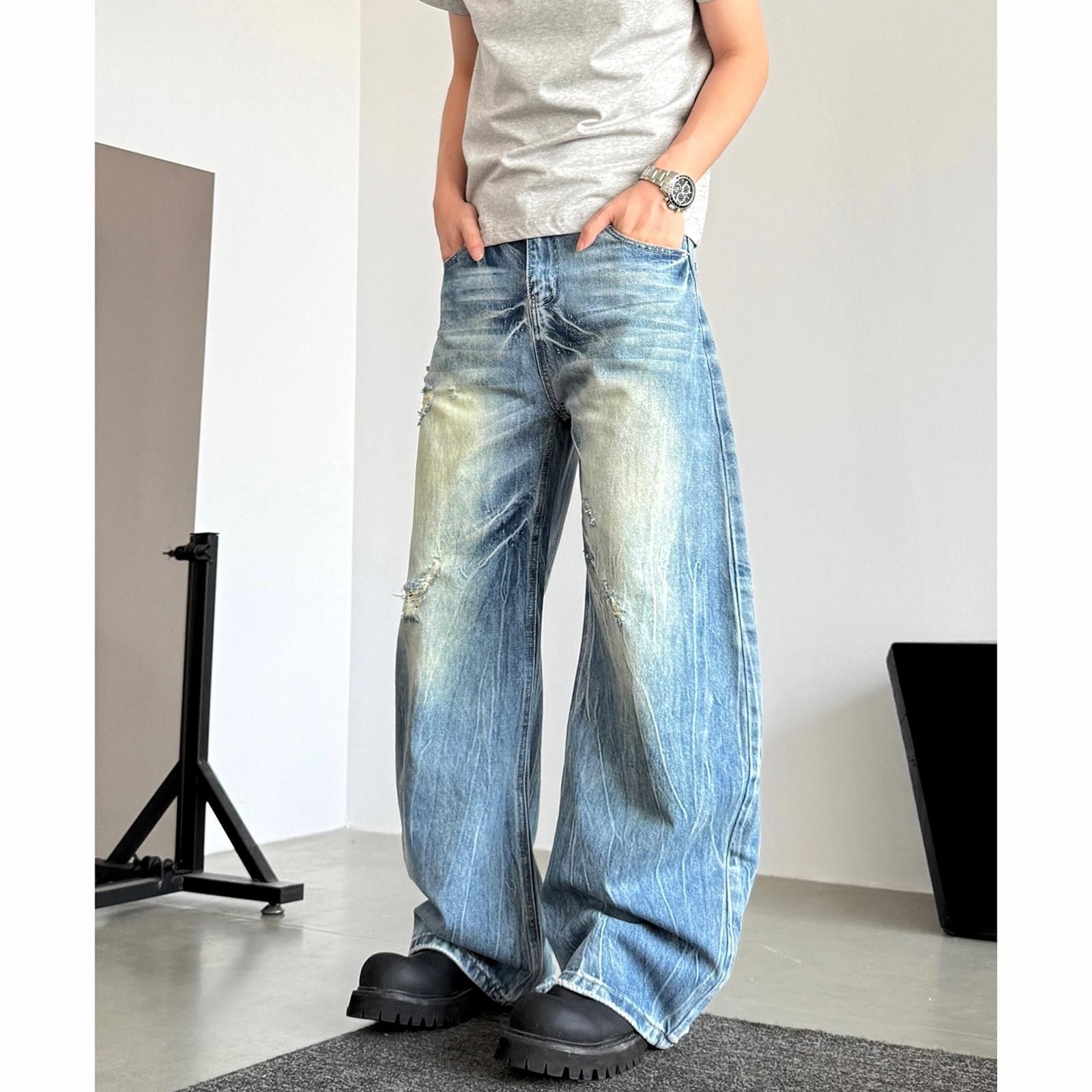 Light Wash Distressed Wide-Leg Jeans