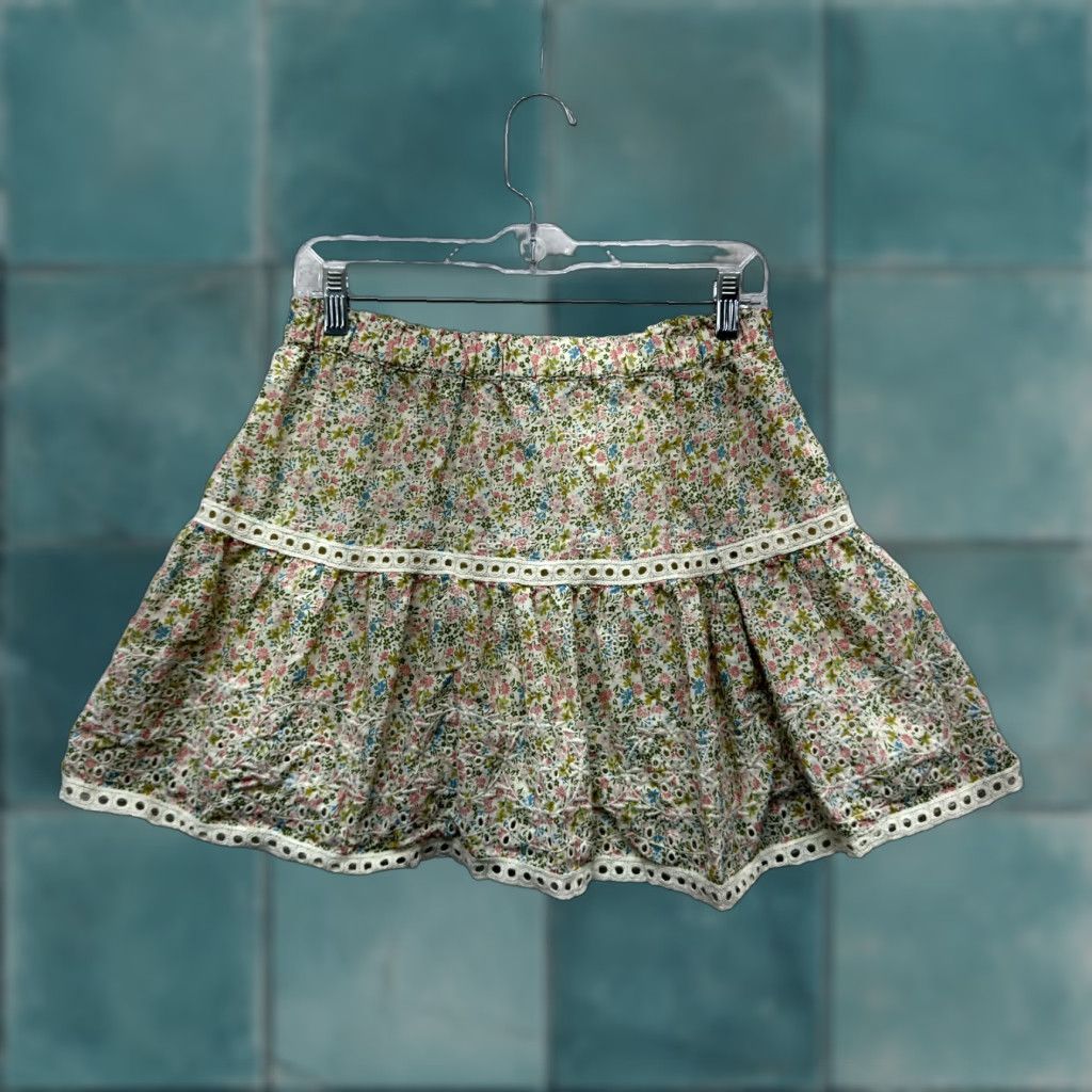 Vintage Y2K Vintage Mini Skirt M Beige Cotton Boho Ditsy Floral Coquette Prairie Cottagecore Fairy Womens Size 32" / US 10 / IT 46 - 1 Thumbnail
