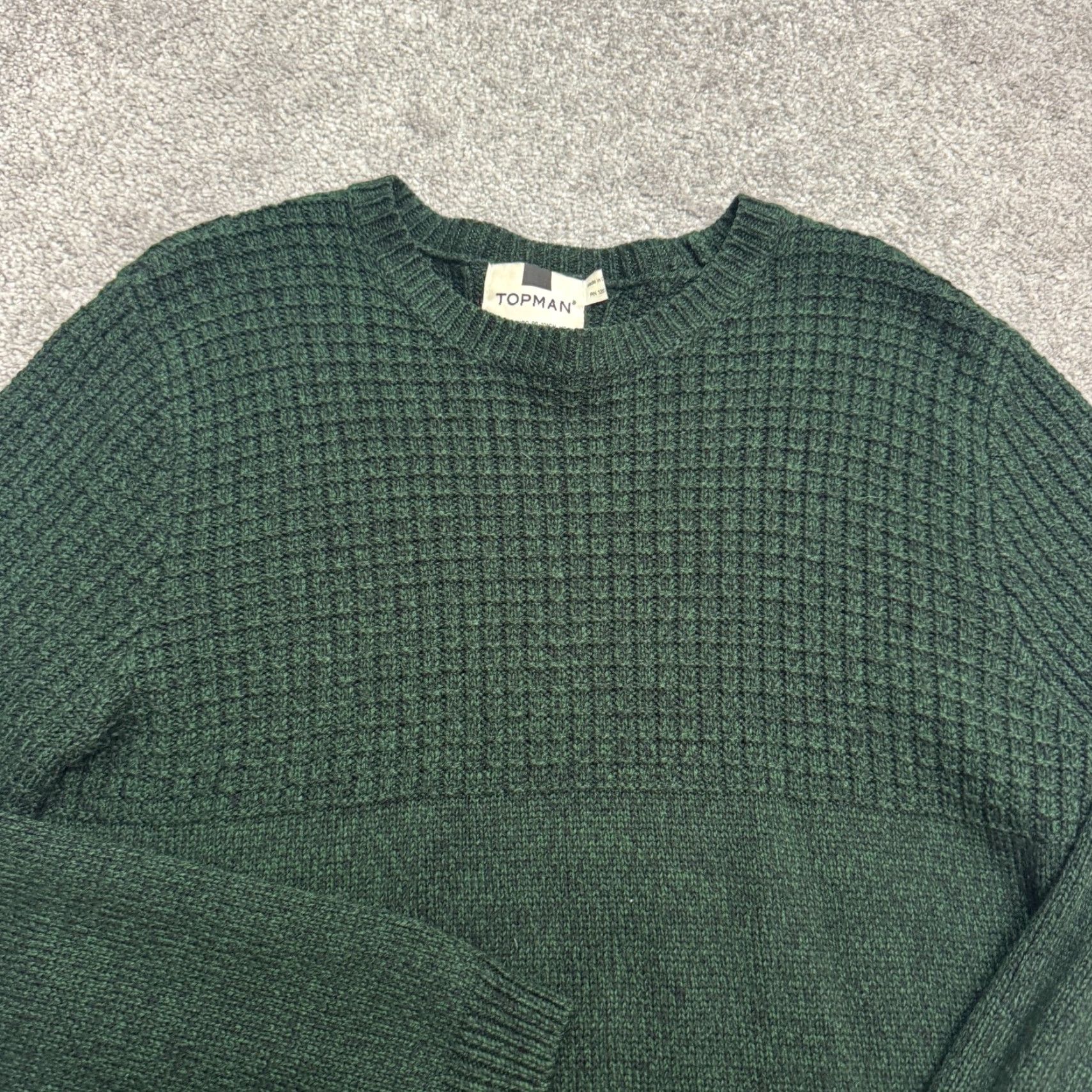 Topman Topman Waffle-Knit Pullover Sweater Mens M Dark Green Crew Neck Acrylic Regular Knit Shirt Size US M / EU 48-50 / 2 - 3 Thumbnail
