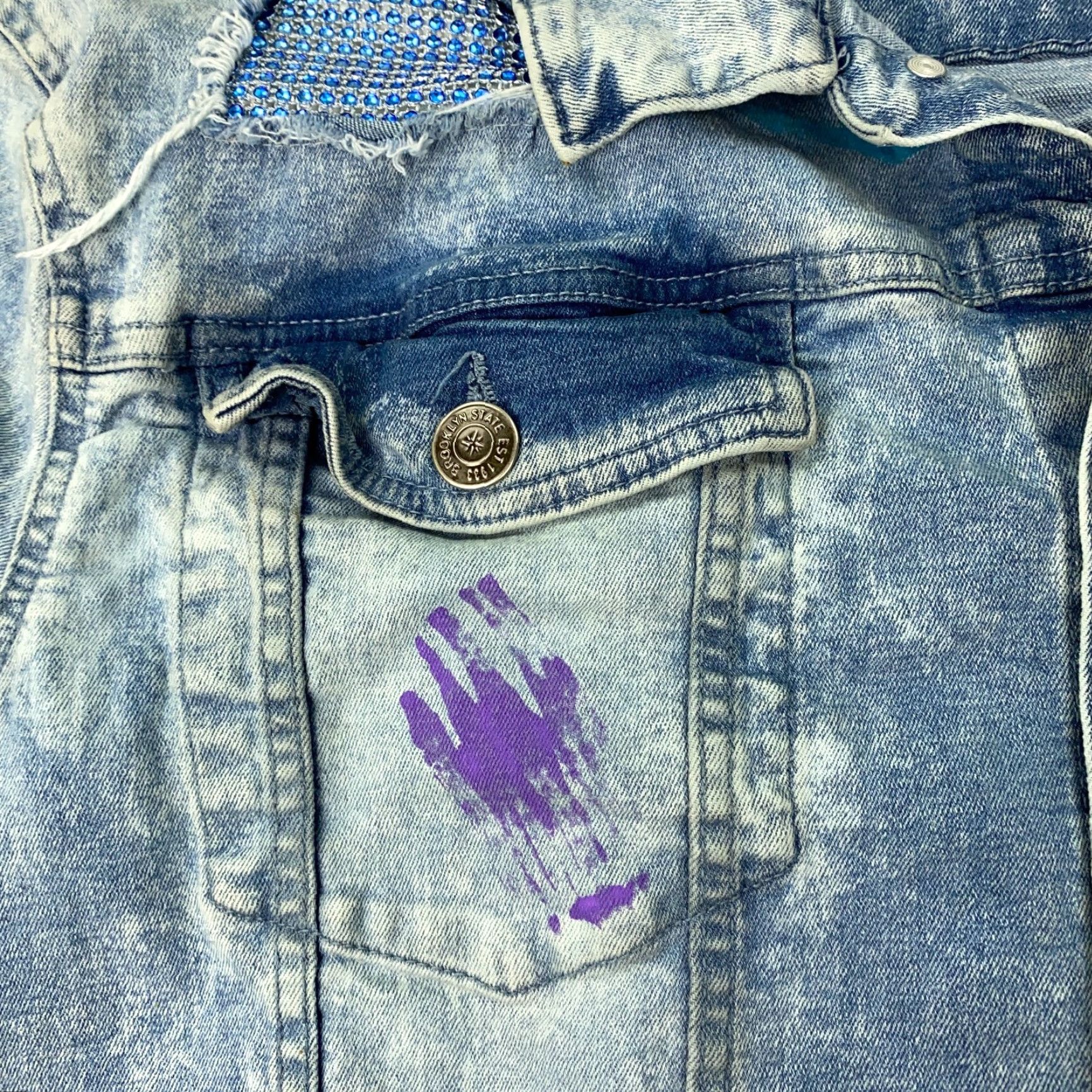Vintage Brooklyn State Denim Trucker Jacket Mens 2XL Blue Denim Solid Distressed Paint Splatter Casual Wearers Mens Size US XXL / EU 58 / 5 - 5 Thumbnail