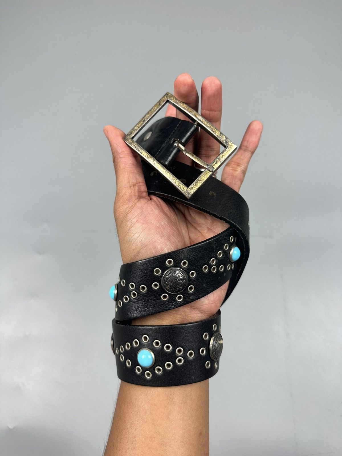 Handmade HTC Inspired Black Leather Stud and Turquoise Stone Belts Size 34 - 2 Thumbnail