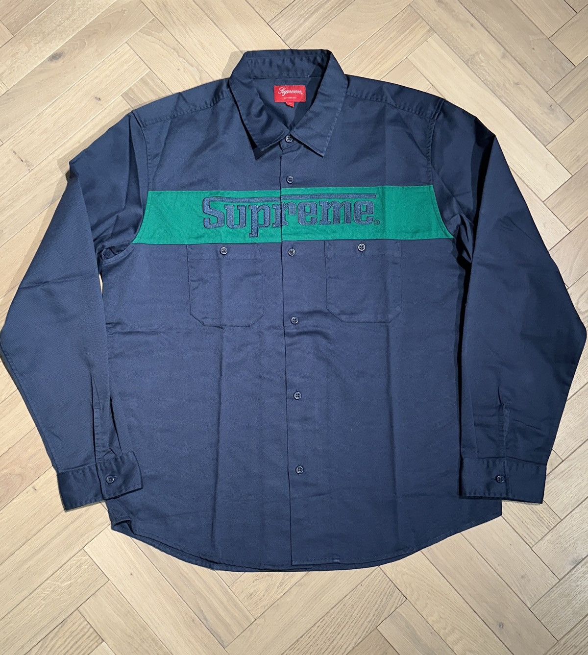 image of Supreme Racing Logo Work Shirt in Navy, Men's (Size XL)