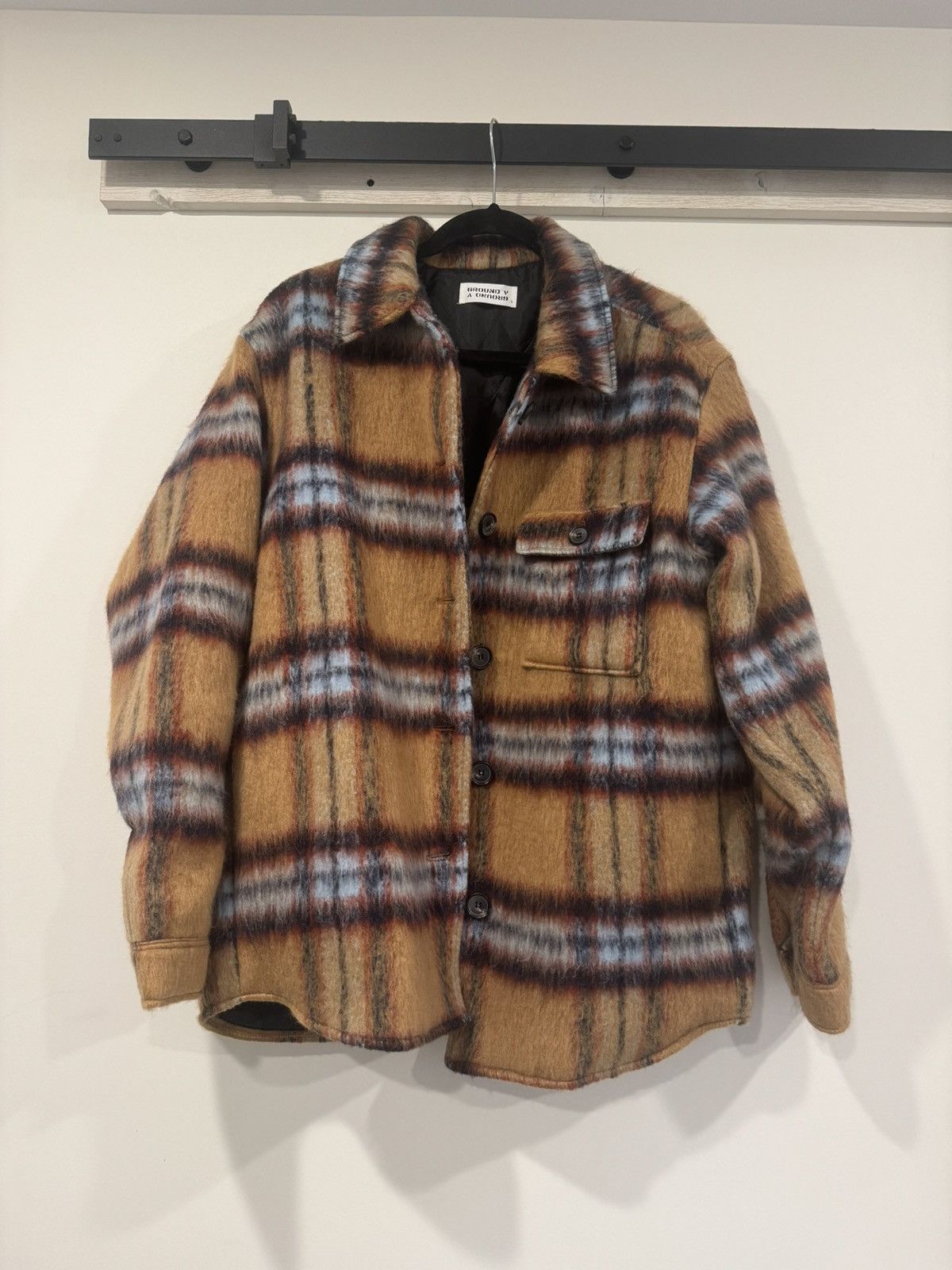 image of Ground V Check Mohair Shirt Jacket in Beige Check, Men's (Size Large)