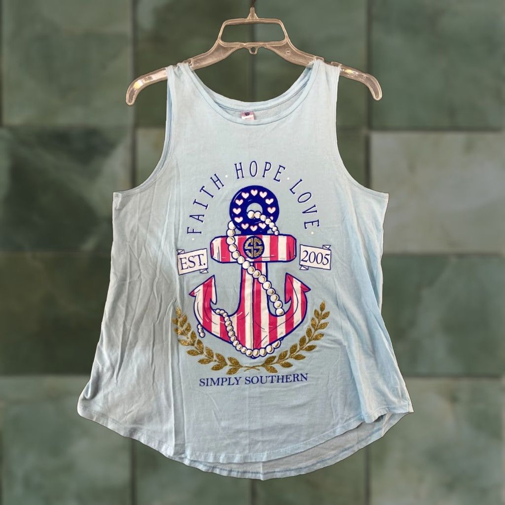 Vintage Simply Southern Womens Tank Large Blue Graphic Print Faith Hope Love Anchor Size L / US 10 / IT 46 - 1 Thumbnail