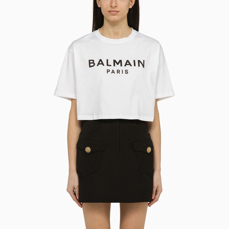 image of Balmain White Cotton Cropped T-Shirt With Logo, Women's (Size XS)